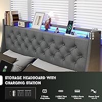 Vista 3 de Base de cama Queen con 4 cajones de almacenamiento y luces LED, plataforma tapizada tamaño Queen con estación de carga, soporte de listones