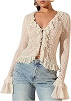 SOLYHUX Women's Lace Tie Front Ruffle Top Deep V Neck Sheer Bell Sleeve Blouse Going Out Shirt
