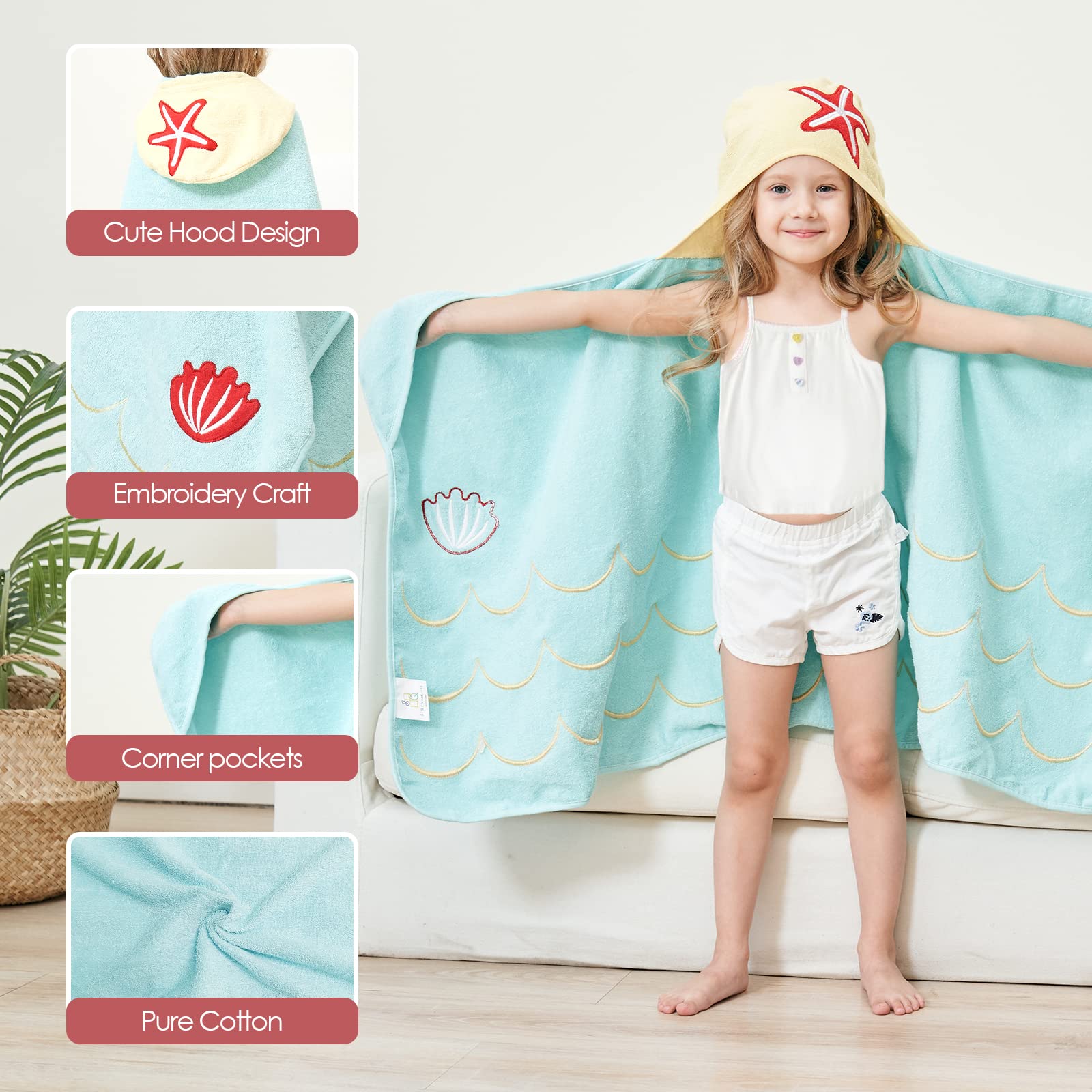 Style Quarters Ręcznik z kapturem dla dzieci, wysokiej jakości ręczniki kąpielowe dla dzieci, ręczniki plażowe z syrenką, 100% bawełna, frotte, ręcznik kąpielowy z kapturem, haftowany ręcznik