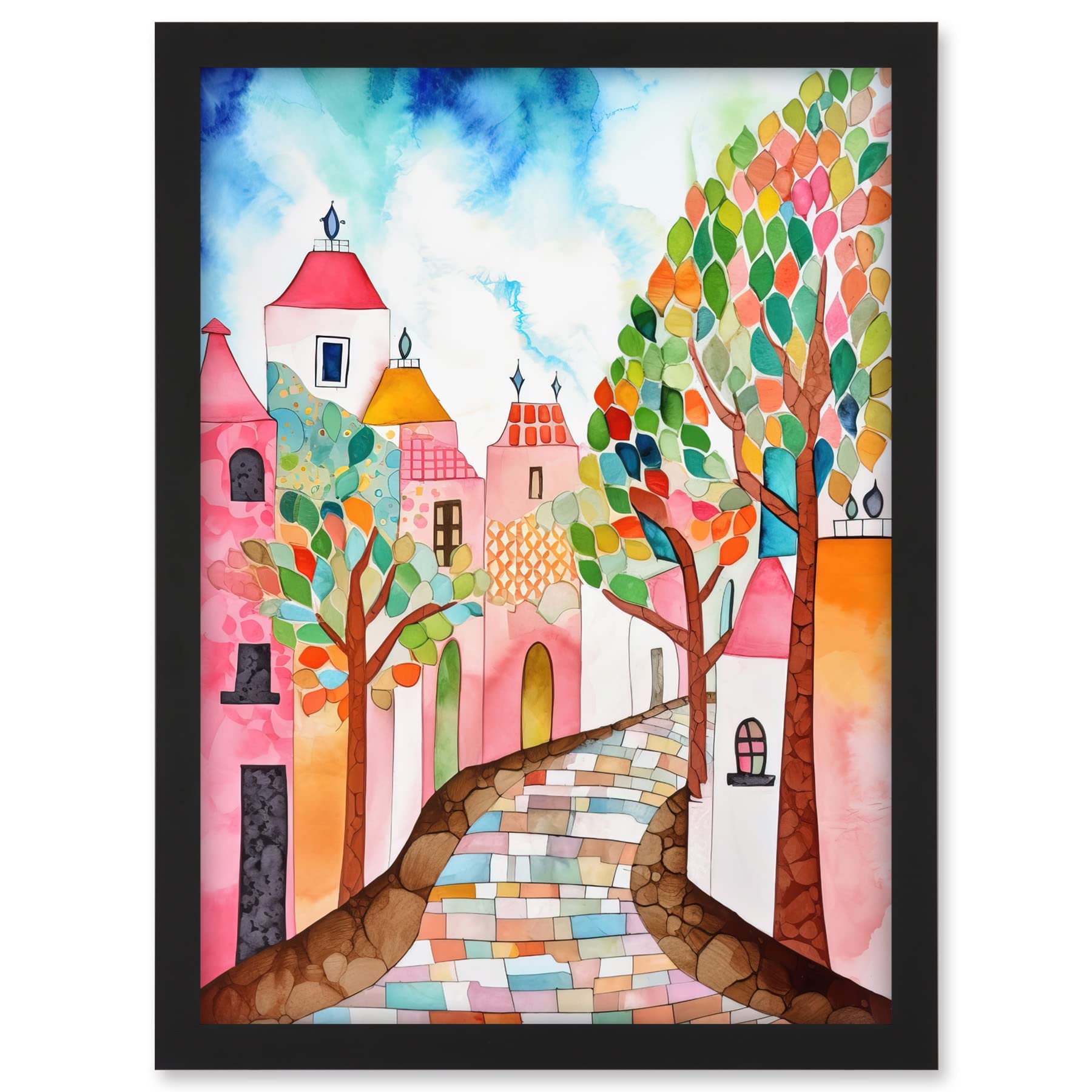 Artery8 Cobblestone Street In Spring Folk Art Artwork Framed A3 Wall Art Print