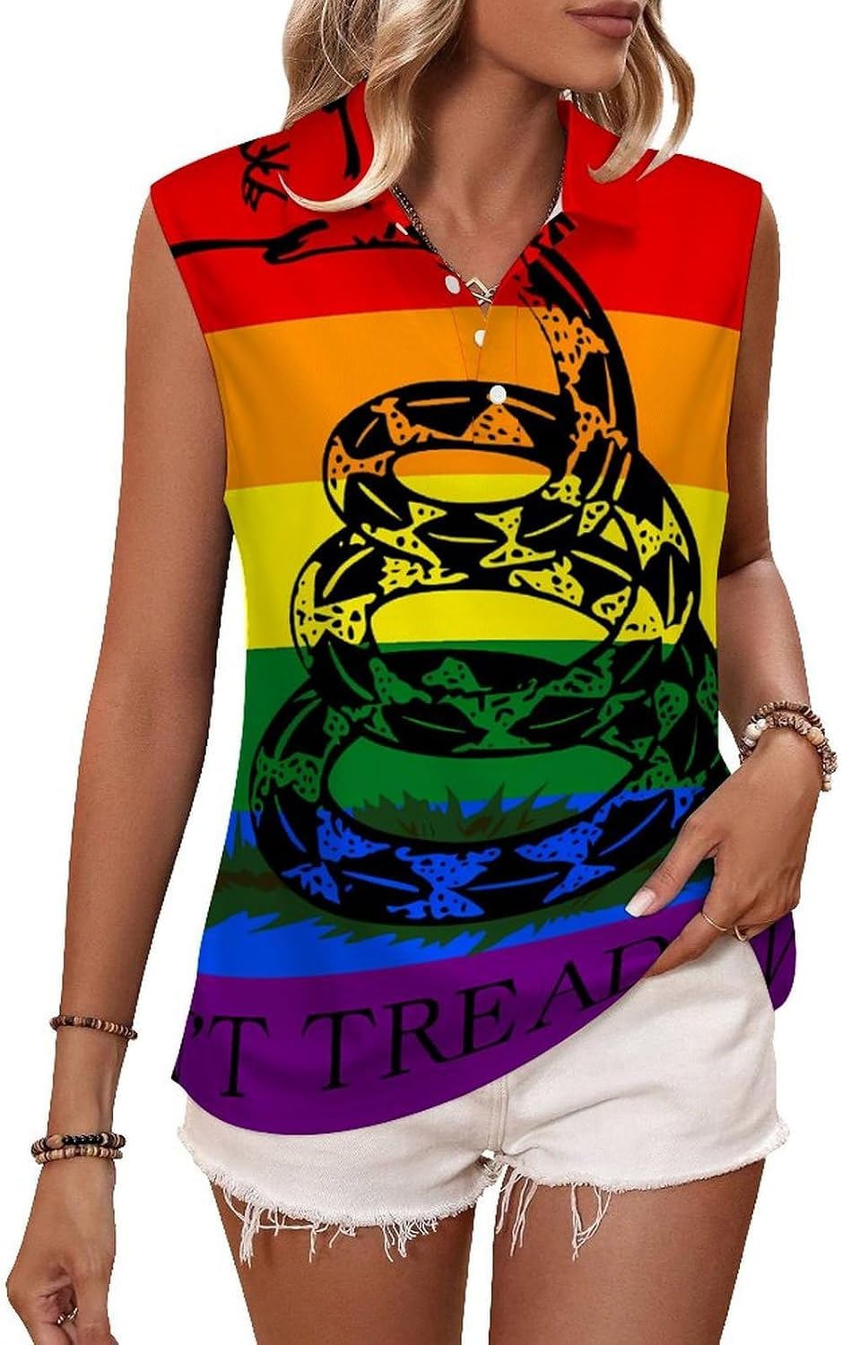 Gadsden LGBT Flag Womens Sleeveless V Neck Golf Polo Shirts | Collared Tank Tops