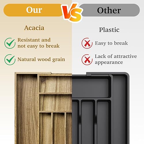 Miniatura 6 de Organizador de cajones de cocina de madera de acacia, organizador de cajones de cubiertos expandible con divisores, organizador de cubiertos para
