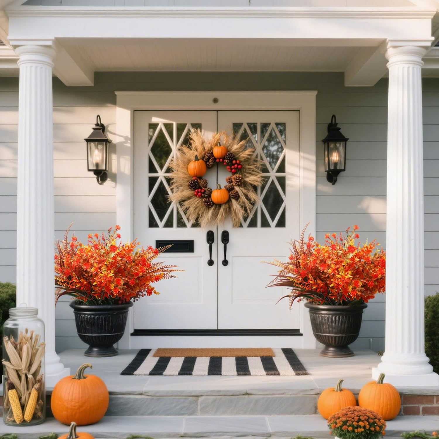 Fall Artificial Flowers Bouquet Set for Outdoor & Indoor, Autumn Home Decor for Thanksgiving Halloween - UV Resistant Faux Plants for Porch, Table Centerpiece, Wedding, Garden, Farmhouse Decor