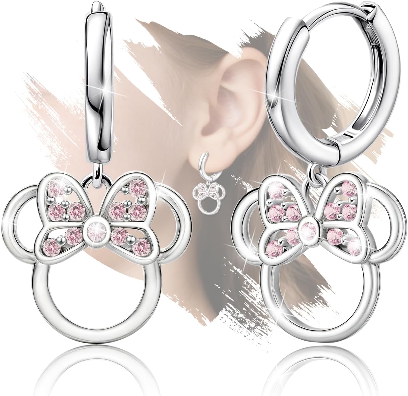 Sterling Silver Mouse Earrings,Sparkle White Pink Cubic Zirconia Cute Bow Mouse Earrings Lovely Gifts for Women Teens Daughter Granddaughter