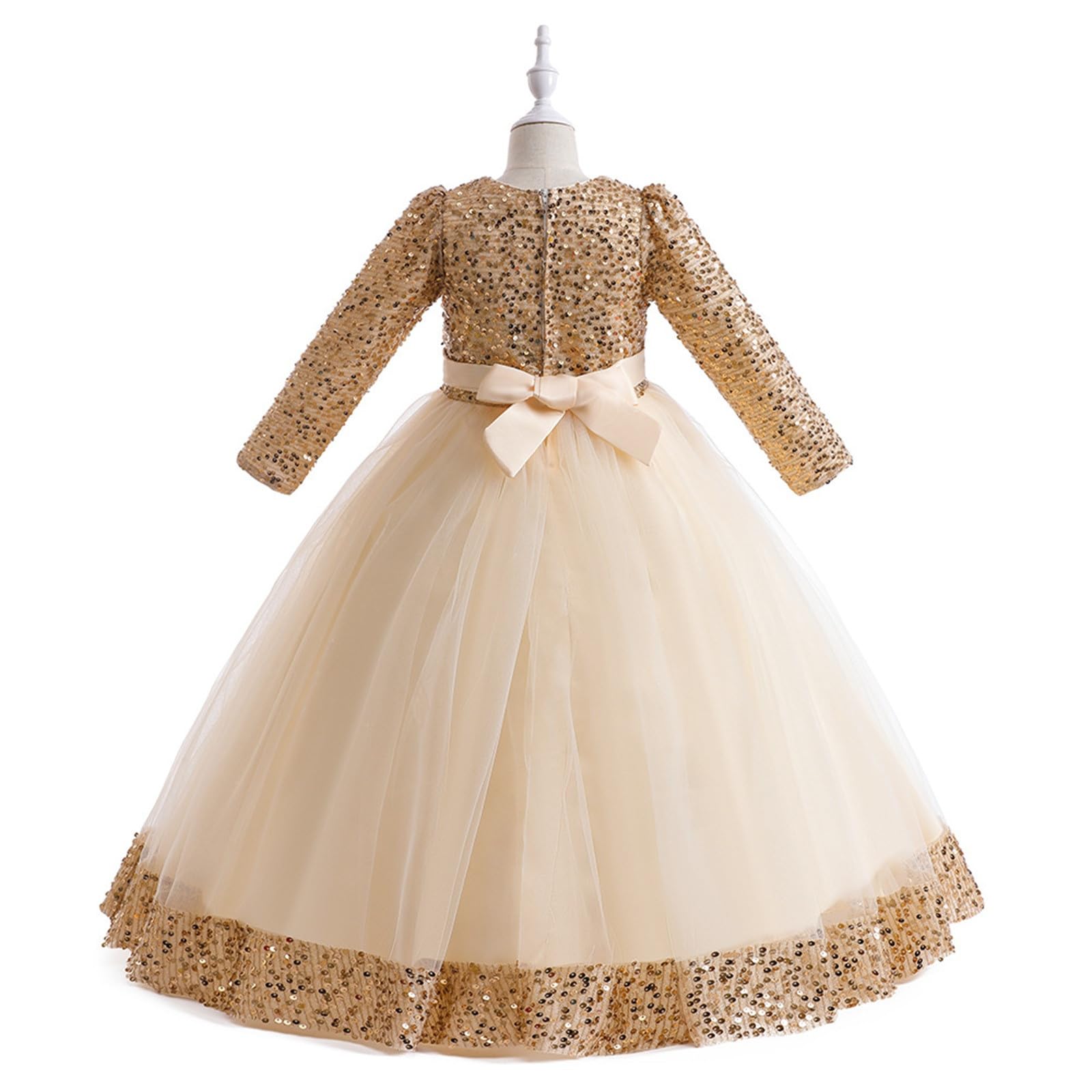 2027-Vestido de Noche Infantil con Volantes Bordados Tul Estampado y Mangas largas para niñas pequeñas Ideal como Prenda Princesa navideña