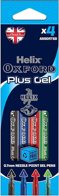 Helix Oxford Plus Gel Pens (x4 Pack Assorted Colours) with Plastic Free Packaging