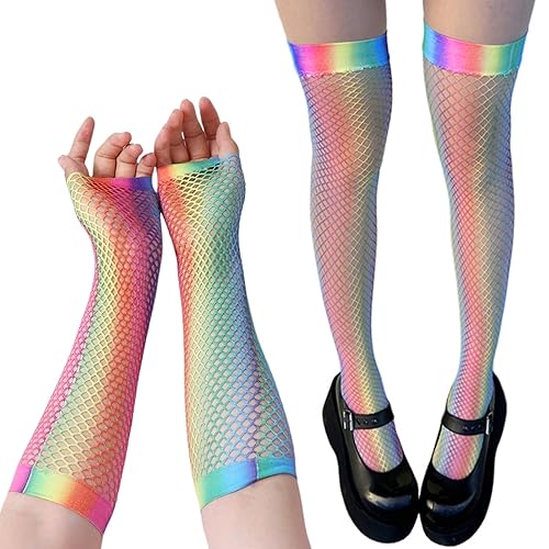 ZAGQIG 1 Pair Fingerless Fishnet Gloves Neon and 1 Pair Rainbow Fishnet Thigh Highs Neon Stockings for Women Girls 80s Theme Party Costume Accessories Set Scene Clothes