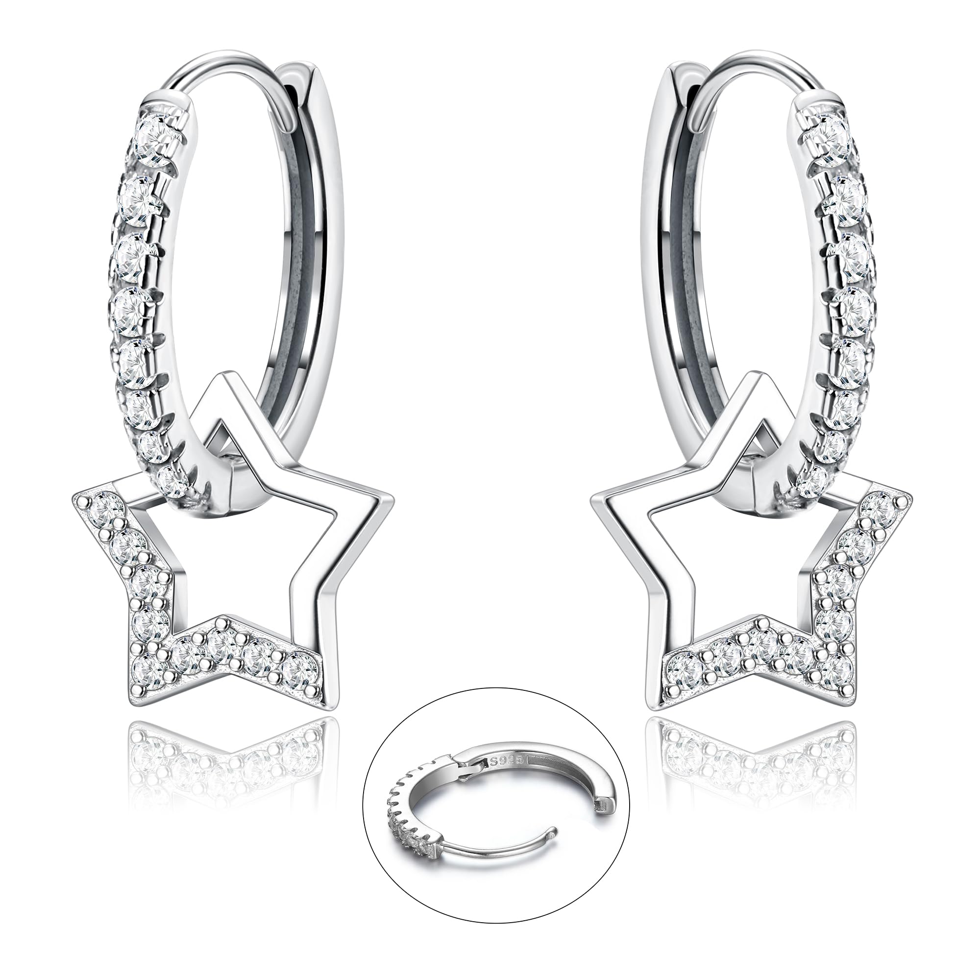 LOLIAS Plata Ley 925 Pendientes Aro Colgantes Estrella Pendientes Gota Pequeños CZ Corazón Mariposa Brillante Colorido Pendiente Aro Huggie Plata Hipoalergénico para Mujeres Niñas