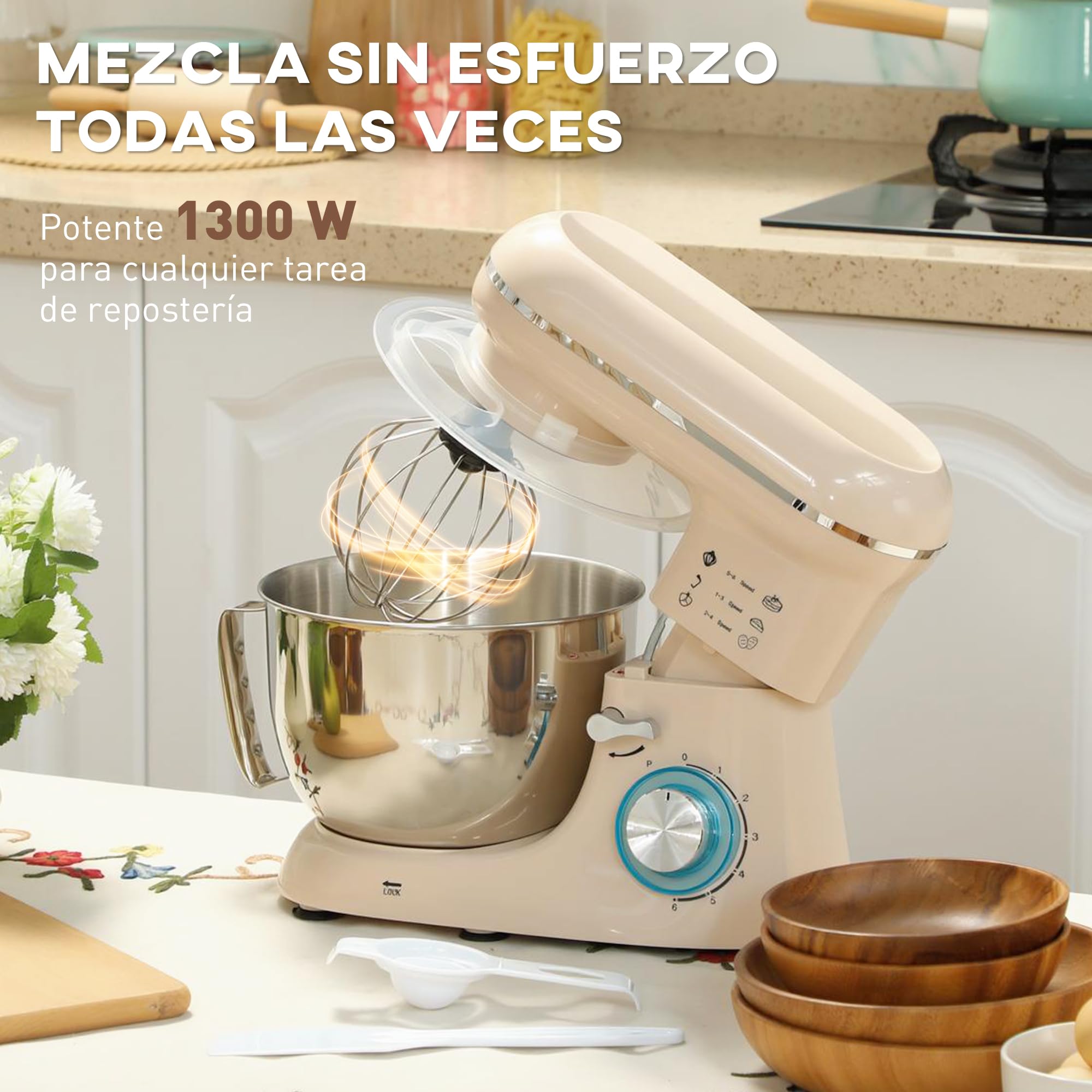 HOMCOM Batidora Amasadora 4,5L, Amasadora de Pan 1300W, Amasadora Repostería, 6 Velocidades, Bol de Acero Inoxidable, Batidor, Gancho, Varilla, Protector contra Salpicaduras, Beige