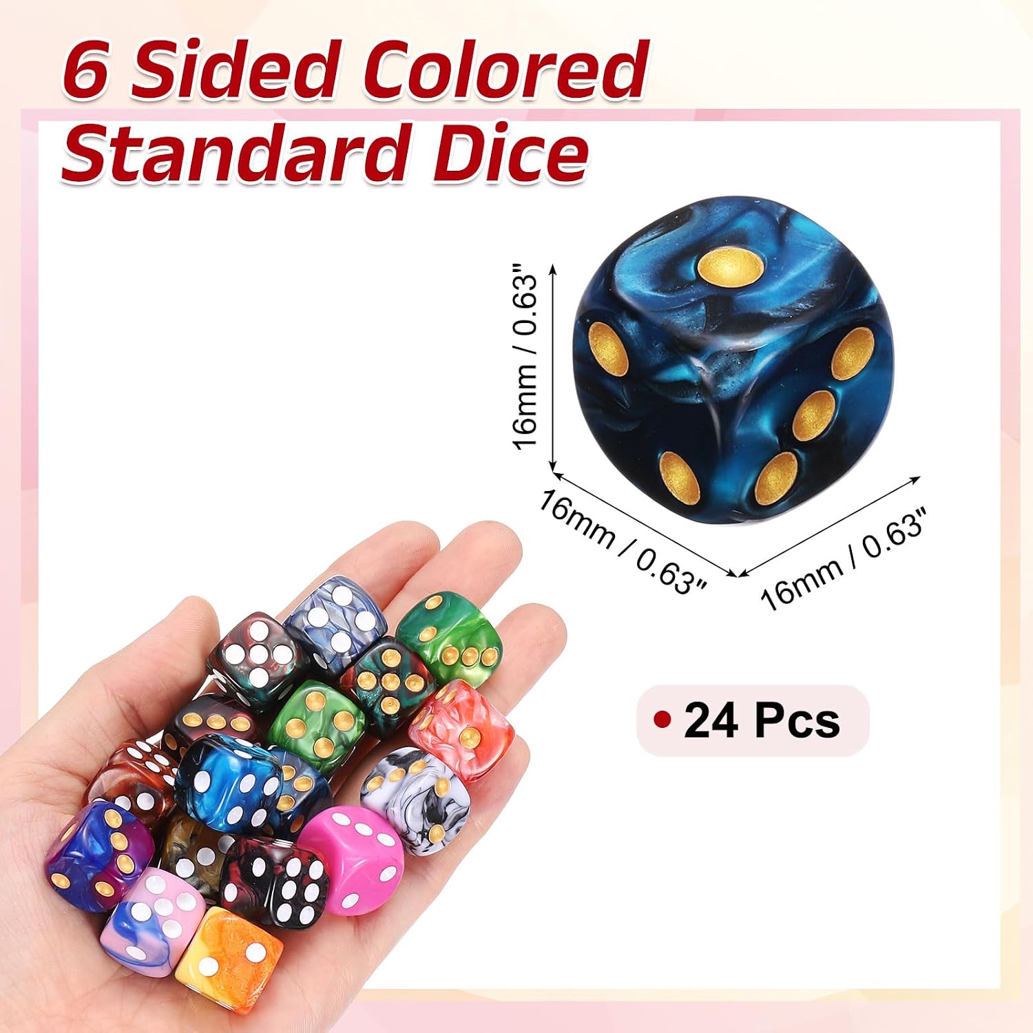 uxcell 24Pcs 6 Sided Colored Standard Dice, 16mm Acrylic D6 Mini Polyhedral Pearl Pattern Two Tone Colors Game Dice Set for Table Games, Black/Blue, Gold Point