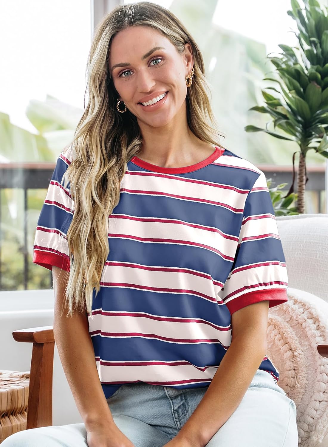Dokotoo Womens Summer Tops 2026 Striped Color Block Short Sleeve Fashion T-Shirts Crewneck Casual Loose Basic Tee Blouses - Image 5