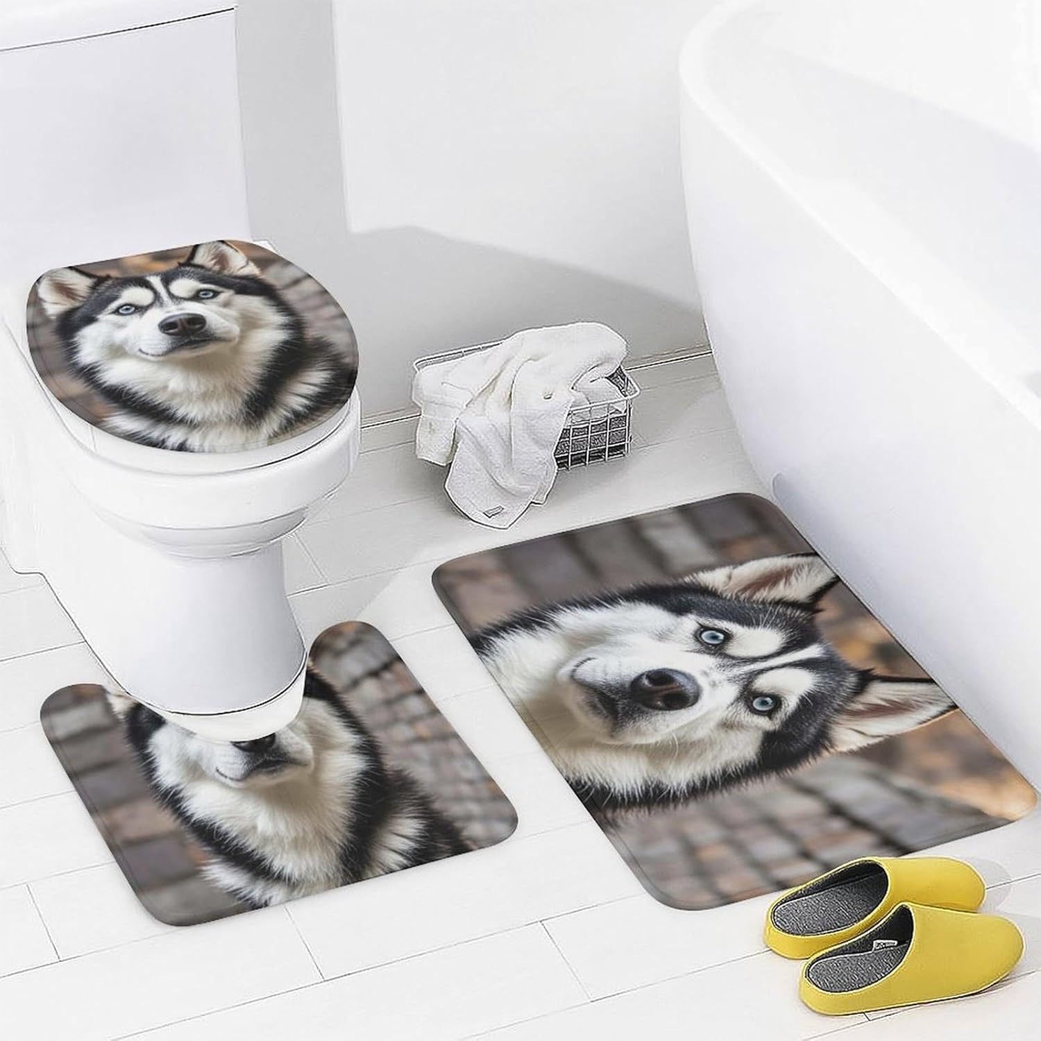 Husky Dog Shower Curtain Set 4 Piece, Non-Slip Bath Mat with Toilet Lid Cover and Waterproof Shower Curtain with 12 Hooks, Complete Bathroom Set for Home Decor