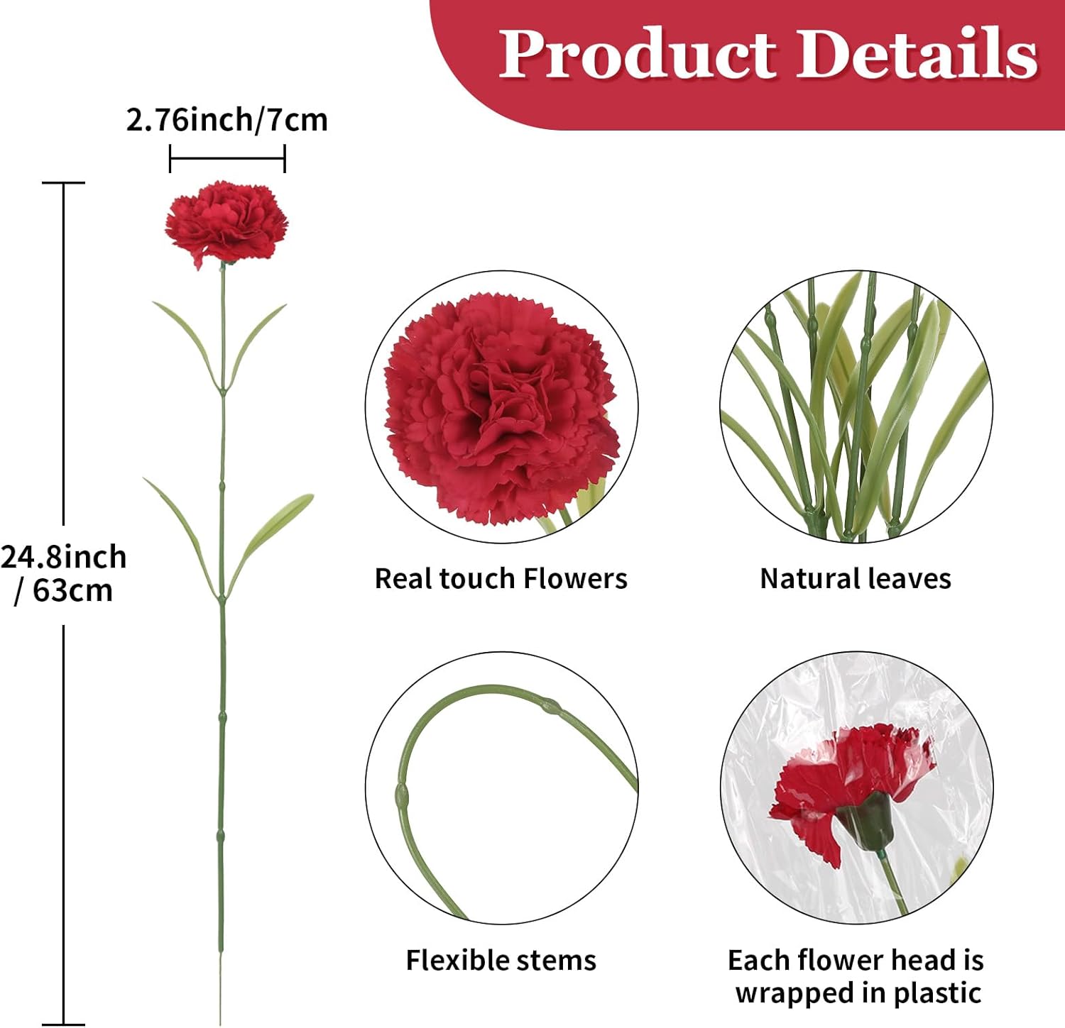 Red Carnations Artificial Flowers 8pcs 31.5inch Real Touch Faux Carnations Long Stem Fake Flowers for Vase Table Centerpiece Home Wedding Party Decoration(Red) - Image 2