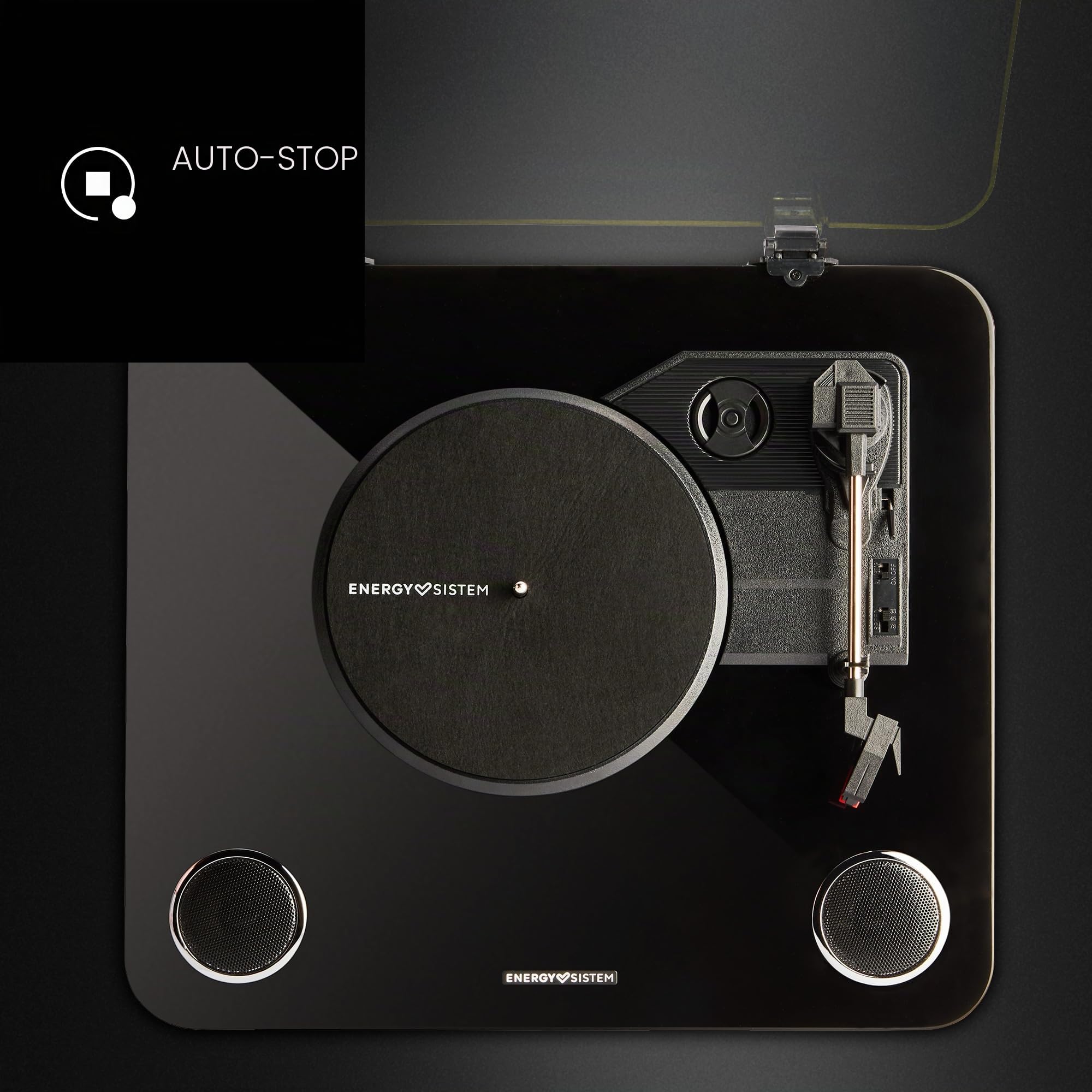 Energy Sistem Blackspin Bluetooth Plattenspieler mit Lautsprechern 10W Vinyl Turntable 33 45 78 RPM Riemenantrieb USB Aufnahme RCA Bluetooth In Out Auto Stop für Zuhause schwarz