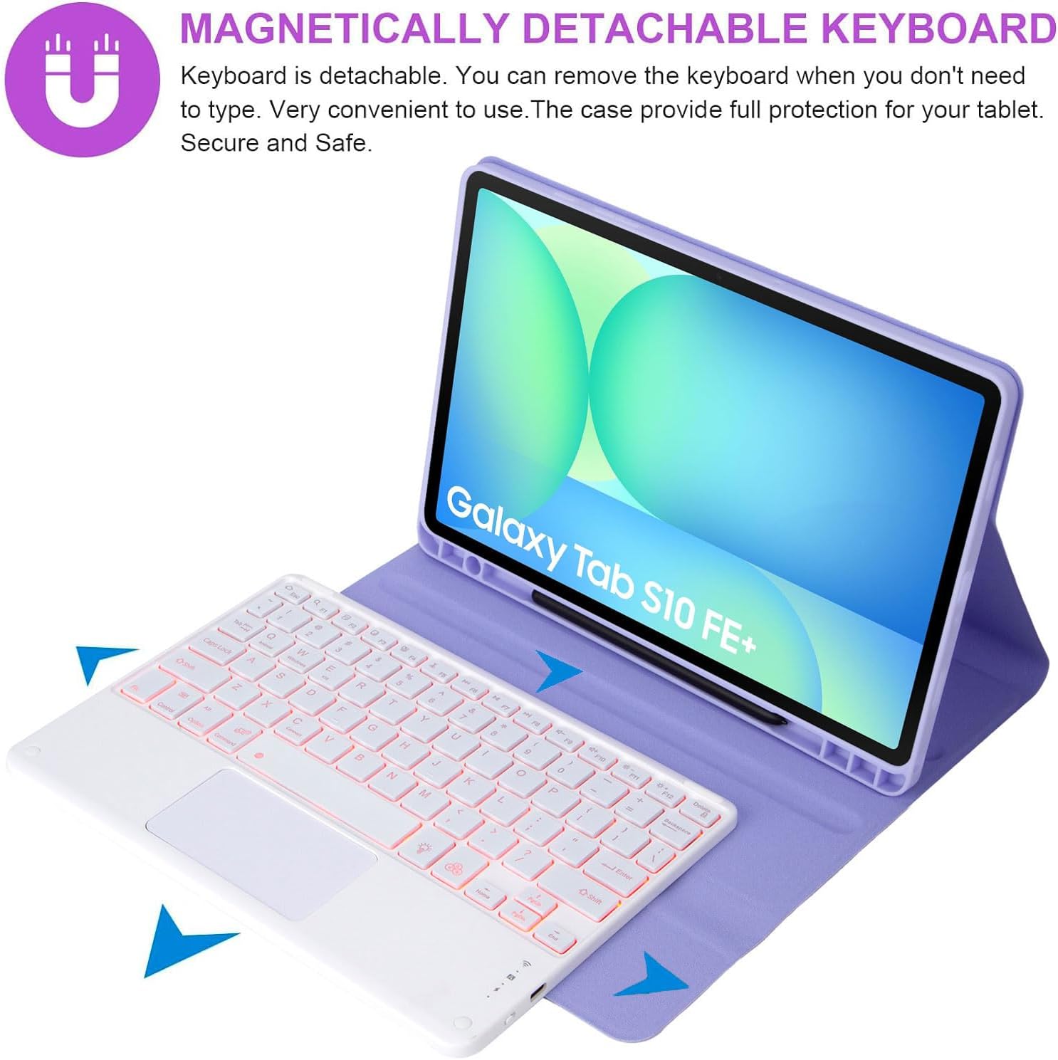 Touchpad Keyboard Case for Samsung Galaxy Tab S10 FE+ Plus 13.1 Inch 2025 Model (SM-X620/X626), 7-Color Backlight Detachable Keyboard, Ultra-Thin Cover with Pen Holder and Mouse,Purple