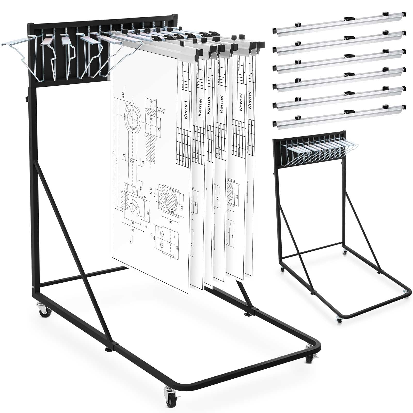 estune mobile blueprint holder rack, adjustable mobile blueprint holder with 6 30 in hanging clamps 4 wheels poster display rack storage organizer stand for file display plan office home(black)