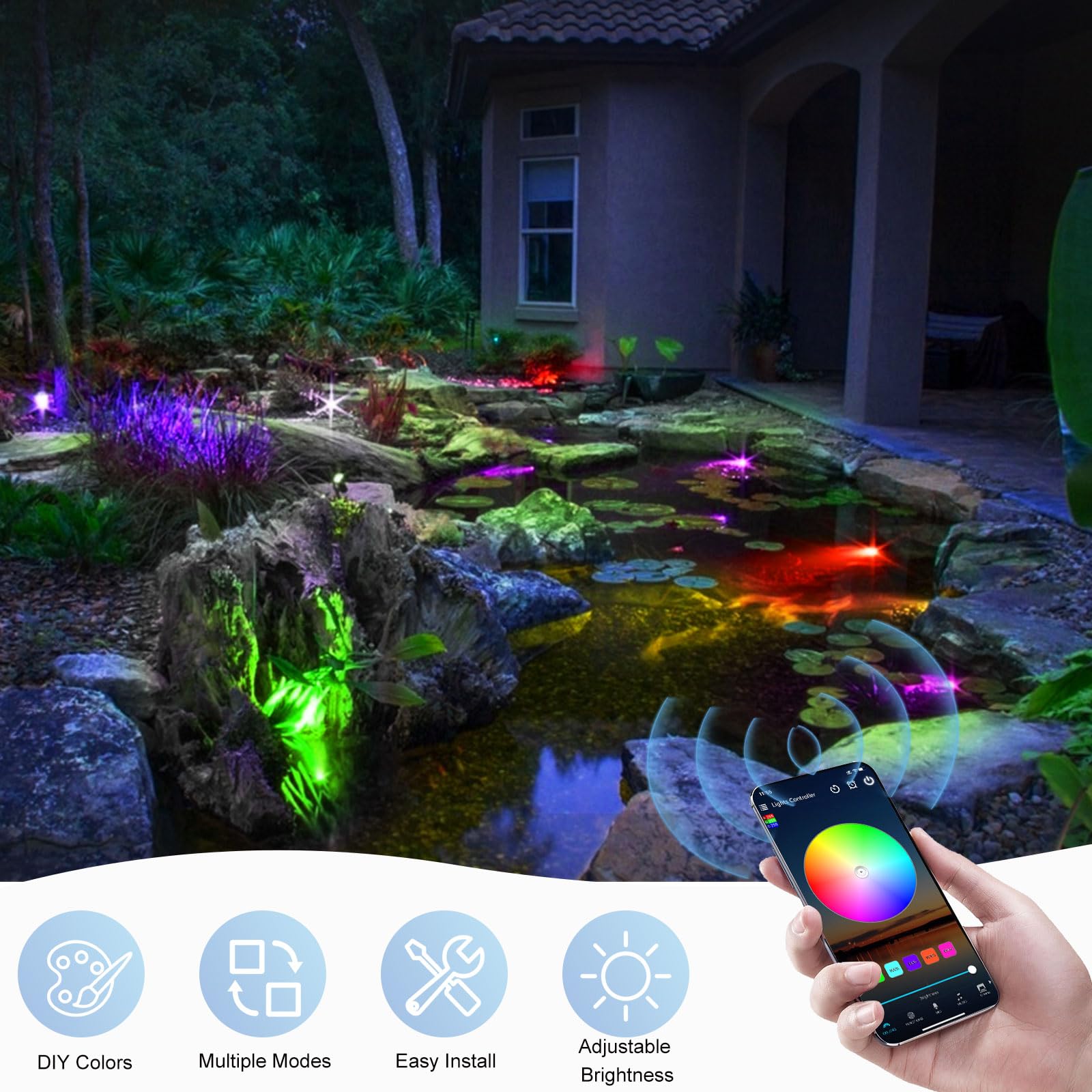 4 Stück LED Teichbeleuchtung, WiFi RGB LED Gartenleuchte Steuerbar via App, IP68 Wasserdichter Gartenstrahler, Gartenlampen für Draußen für Hof, Bäume, Kompatibel mit Alexa, Google Home