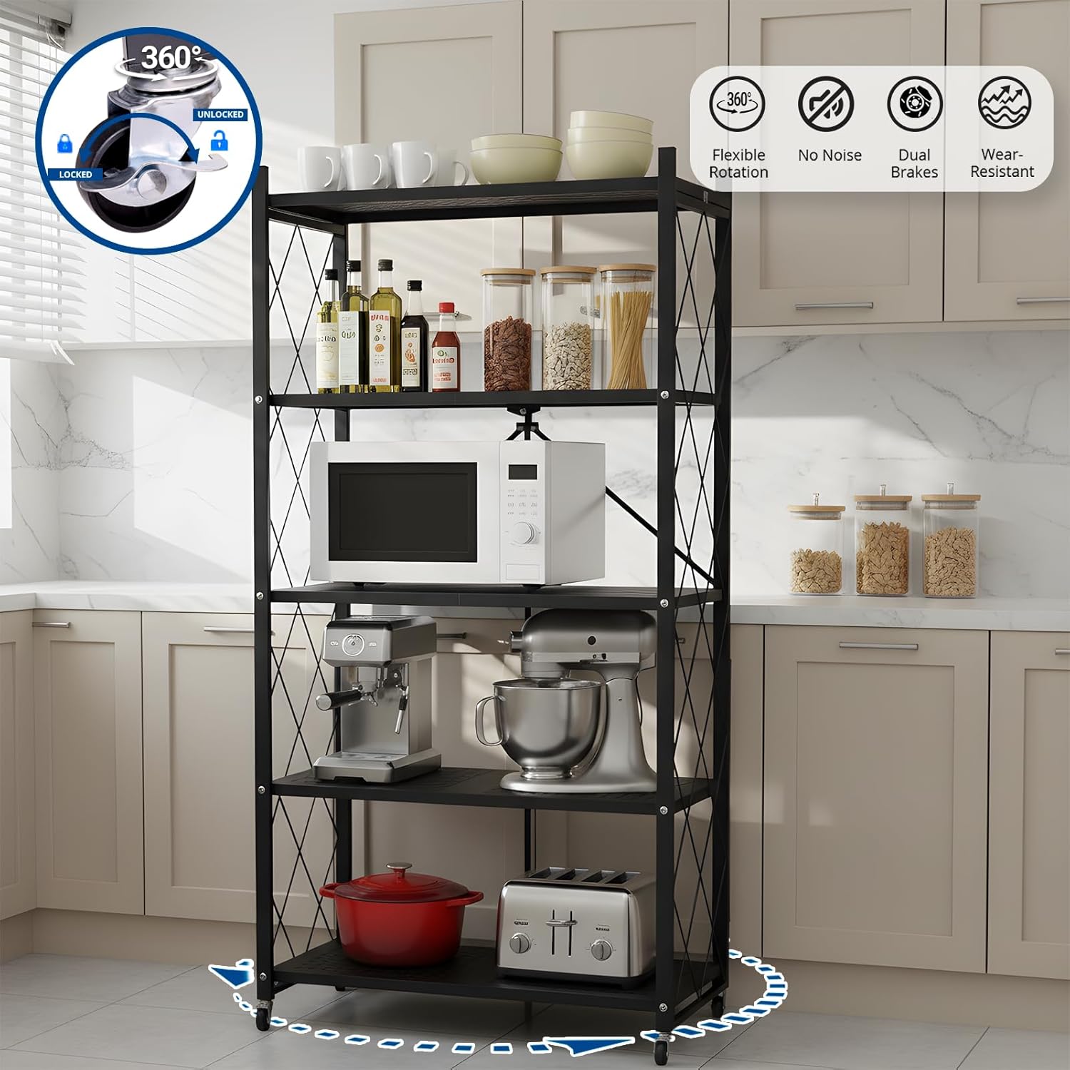 5 Tier Foldable Storage Shelf with Wheels, Heavy-Duty Metal Shelving Unit, No Assembly Book Shelf Rolling Storage Rack for Garage, Kitchen, Pantry, Closet, Exhibition, Office Decor, Black