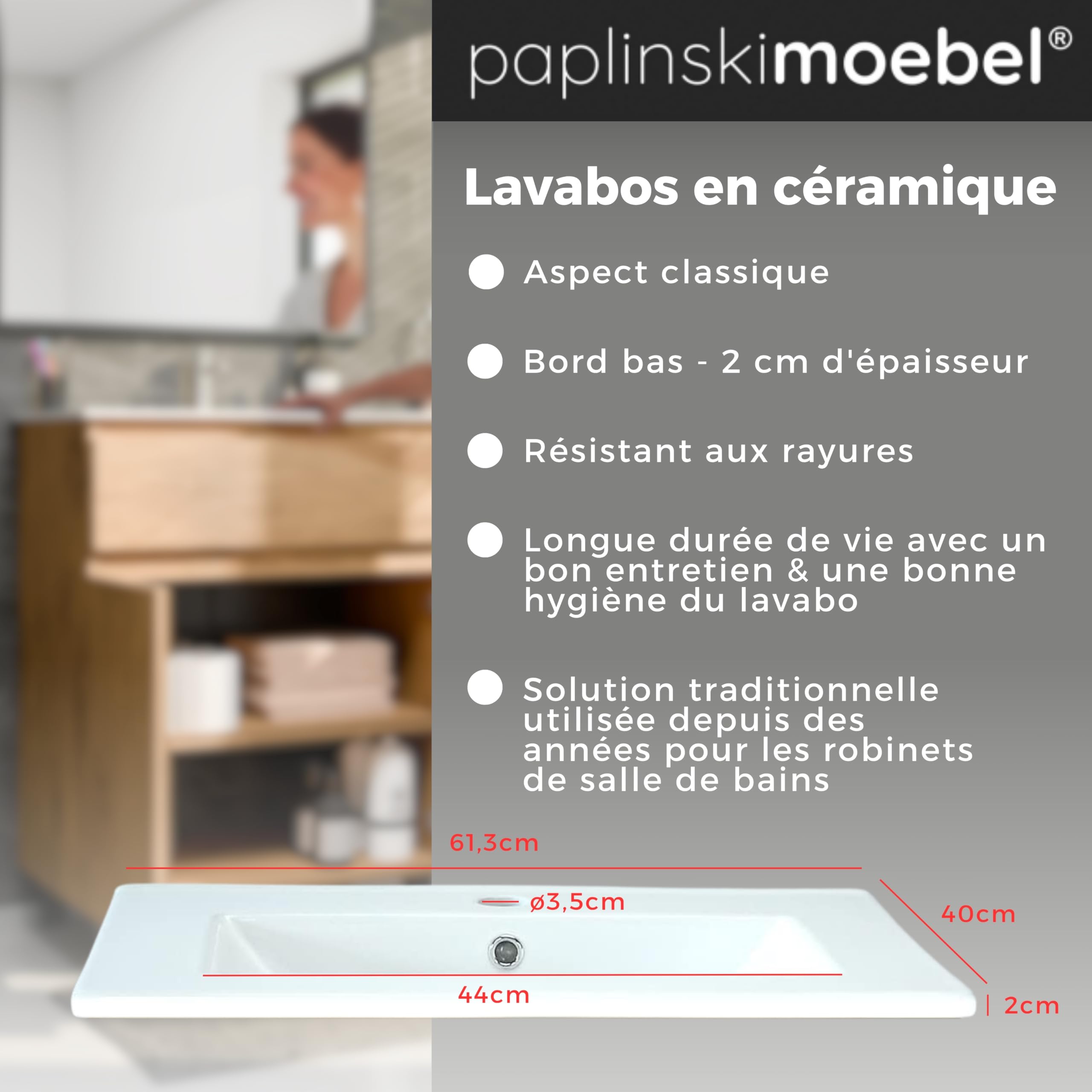 Meuble Salle de Bain 60 cm avec Vasque Ariza Sink | Meuble sous lavabo avec 1 tiroir et 2 Portes | Suspendu ou Debout | Bois Chêne
