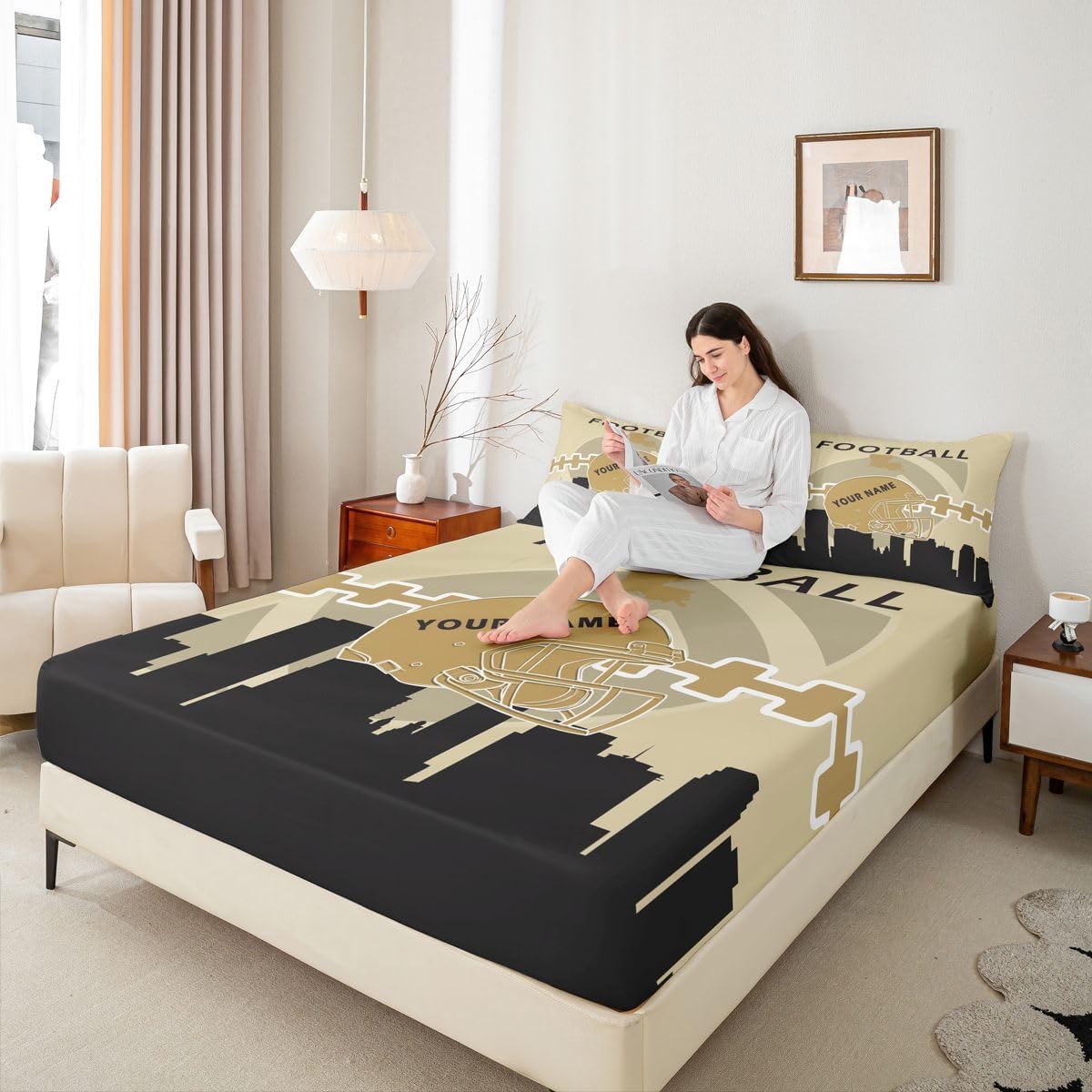 Erosebridal Customized Football Fitted Sheet,Football Fans Bed Sheets for Men Women Twin,Vintage Rugby Bed Set,Sports Bedding Set with 1 Pillowcase Bedroom Decor