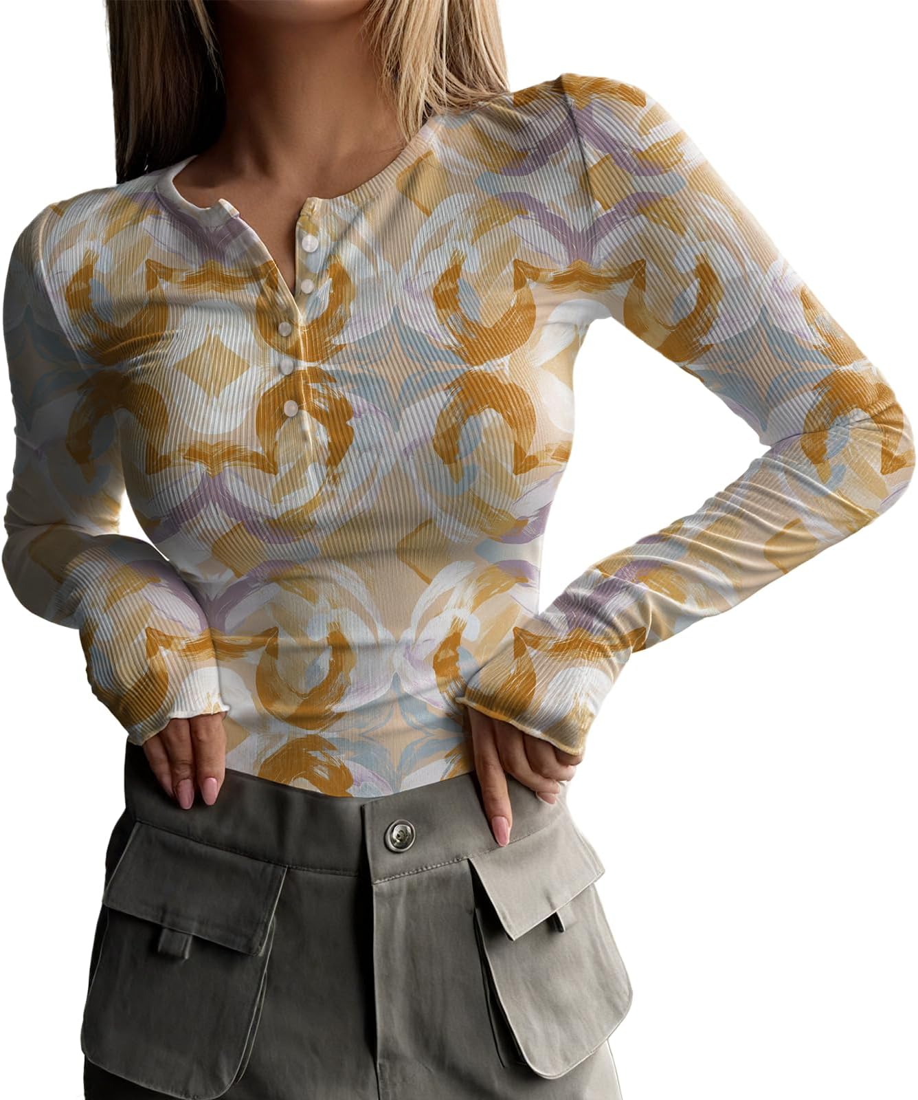 - Long Sleeve Shirts for Women Trendy Y2k Print Henley Tops Slim Fit Ribbed Knit Layering Fashion Tees