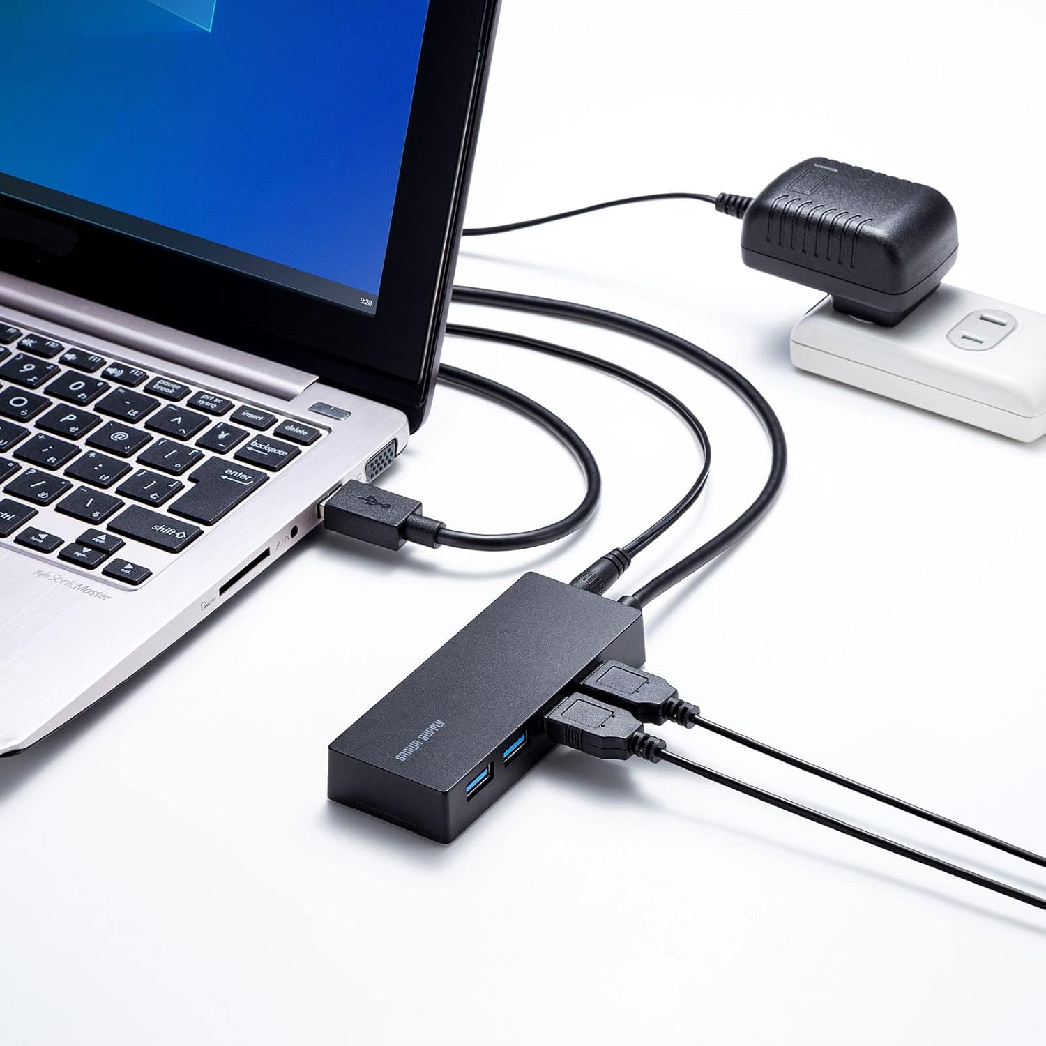 Sanwa Supply USB-3HTV433BK USB 3.2 Gen1 4-Port Hub for HDD Connection, Black