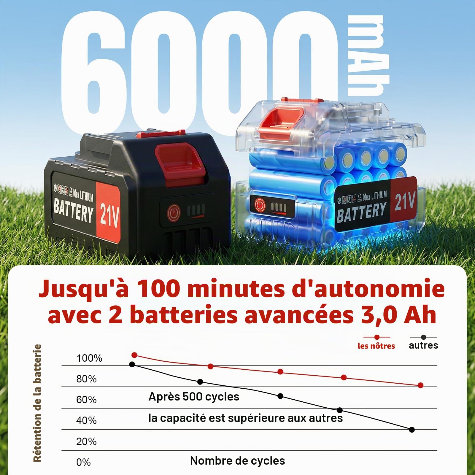 Débroussailleuse à Batterie 12 Pouces avec Roue, 20000 TR/Min, Coupe Bordure sans Fil avec 2 Batterie 3.0Ah, 4 Types De Lames, Moteur sans Balais, Poignée Réglable pour Jardin, Pelouse