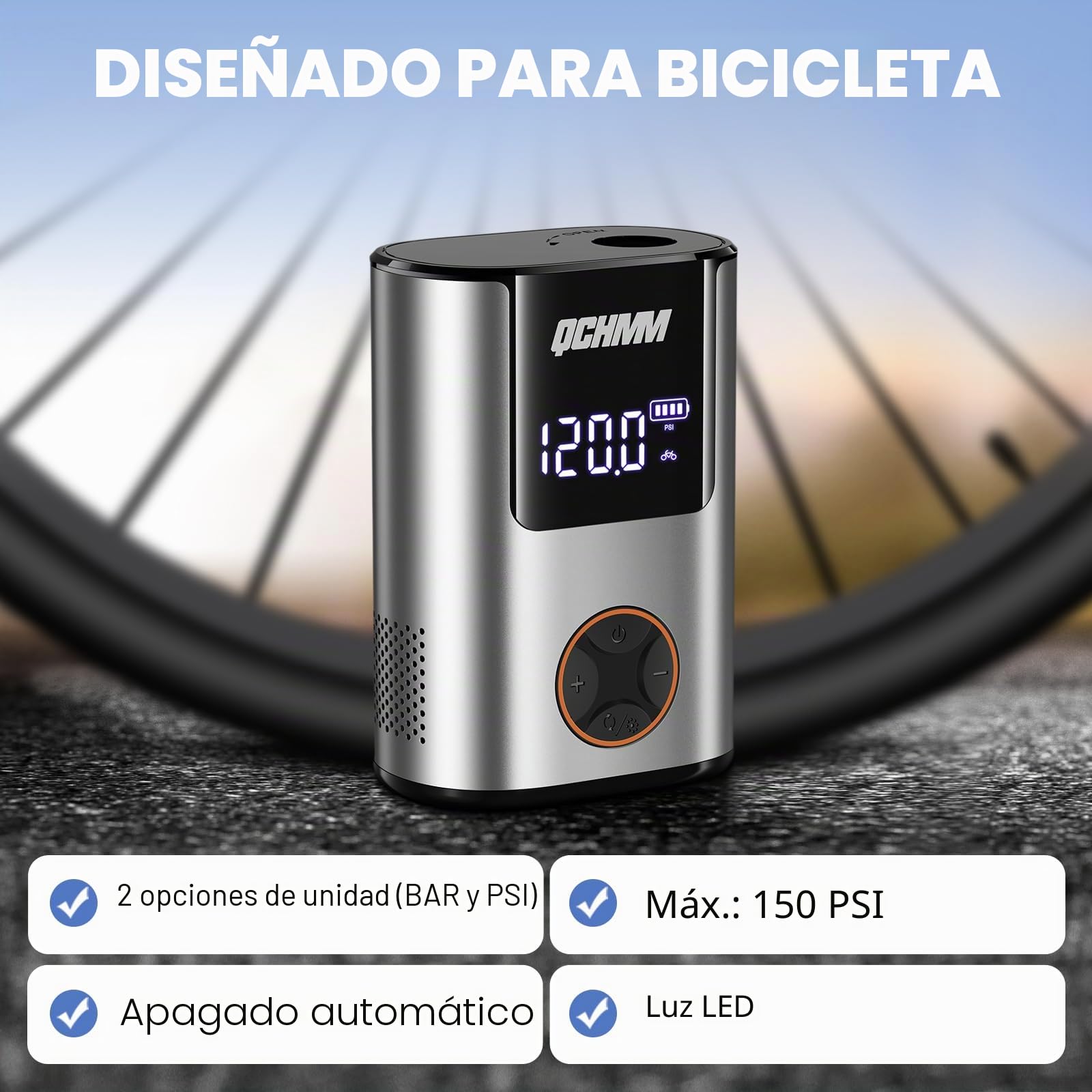 Bomba de bicicleta eléctrica, mini bomba de aire eléctrica para bicicleta, bomba de aire con manómetro para válvulas Schrader y Presta, bomba de aire de batería de 120 psi, unidades PSI/bar, apagado