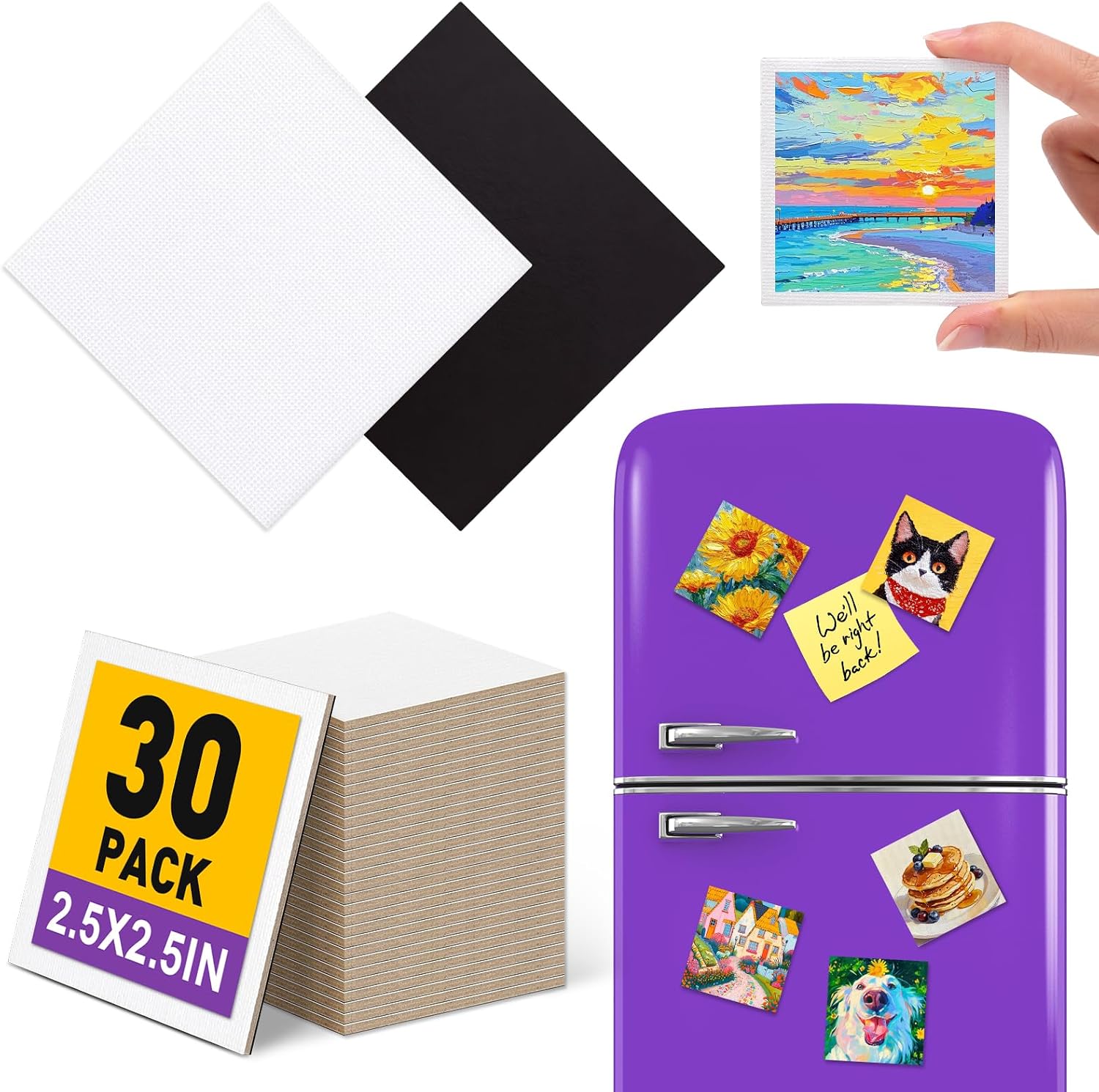 30Pack 2.5x2.5IN Square Mini Canvas Magnets, Small Magnetic Paint Canvas