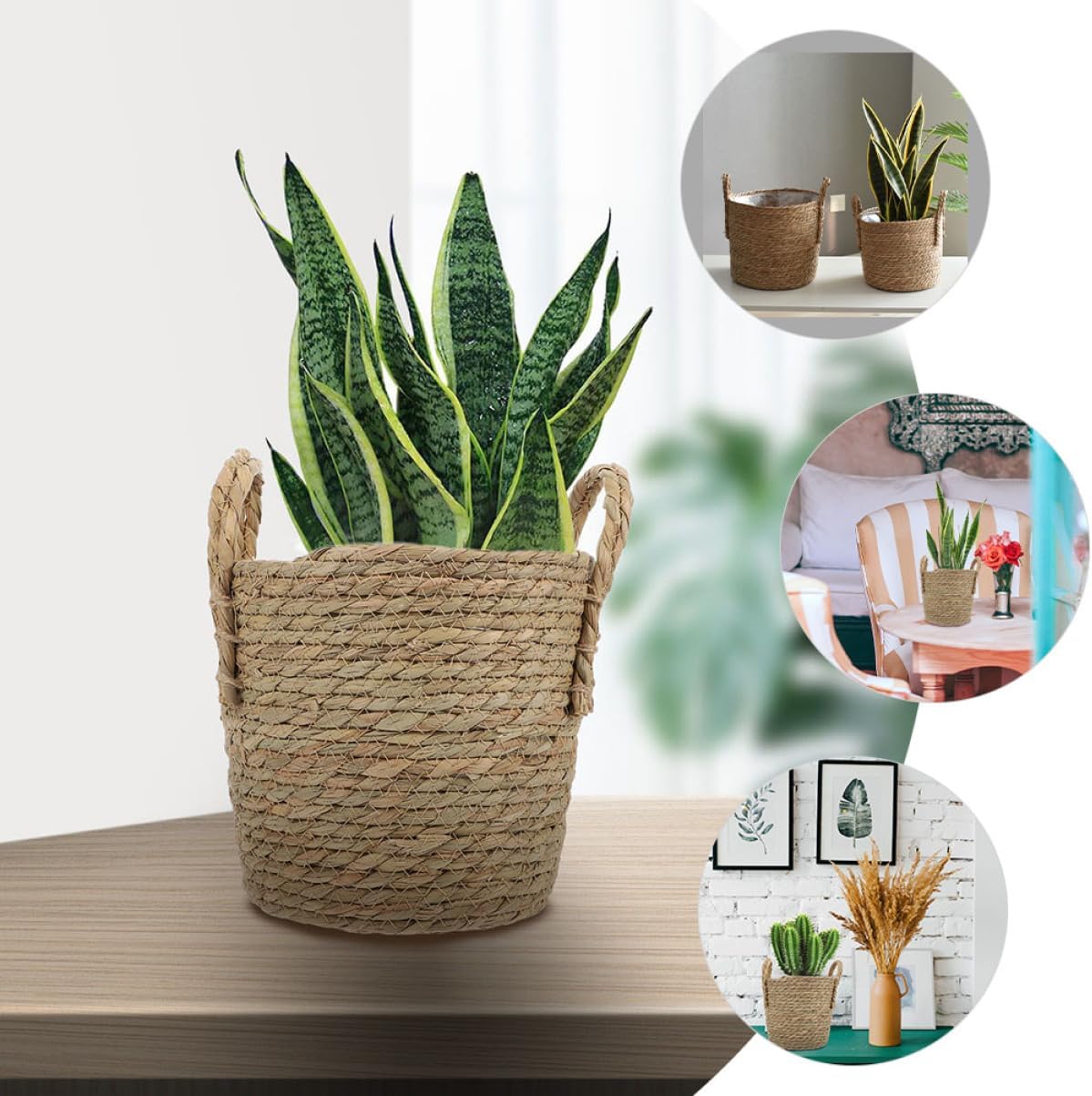 BESPORTBLE Woven Straw Flower Basket with Lining Decorative Plant Pot for Indoor Outdoor Use Handcrafted Storage Basket with Handle for Organizing and Displaying Plants