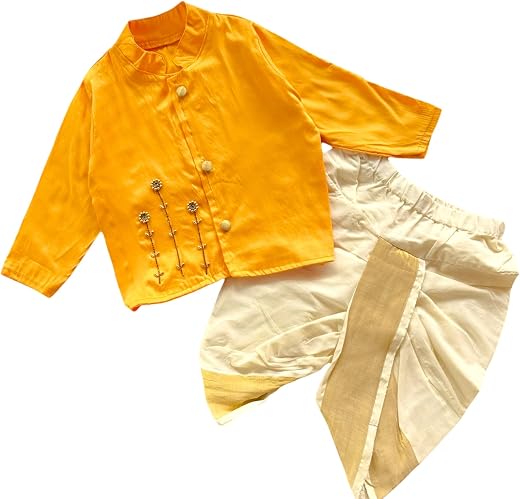 Picksparrow Baby Boys Traditional Cotton Silk Kurta with Kerala Kasavu Dhoti Set, Stone Work Embroidery, Full Sleeve