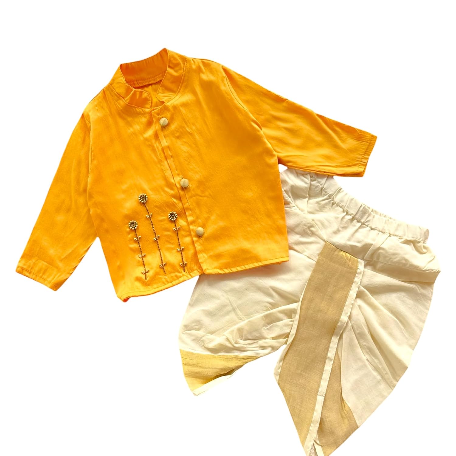 Picksparrow Baby Boys Traditional Cotton Silk Kurta with Kerala Kasavu Dhoti Set, Stone Work Embroidery, Full Sleeve - Review, Price and Buying Guide