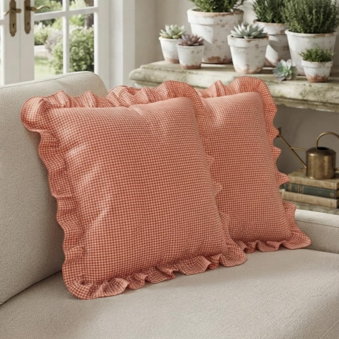 Orange Cushion Covers – 16x16 Inch | Checkered Design with Frill Borders & Zipper Closure | Decorative Cushion Cases for Sofa, Couch, Bedroom & Living Room | Cushion Covers 40x40 Cm-image-39