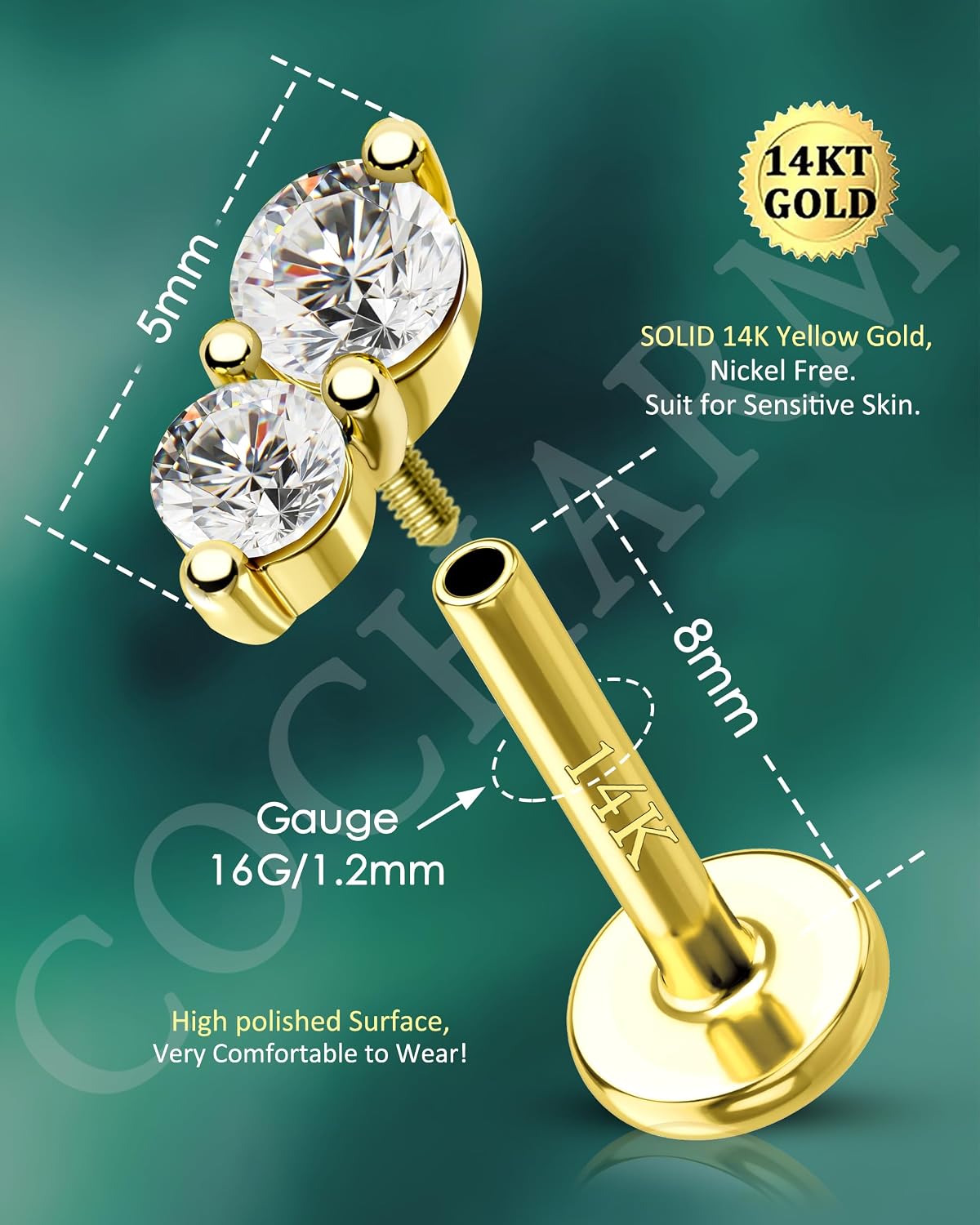 COCHARM 14K Real Gold Helix Cartilage Conch Earring Stud 16g Solid Gold Flat Back Helix Conch Tragus Piercing Jewelry 8mm 14KT Labret Stud Double CZ