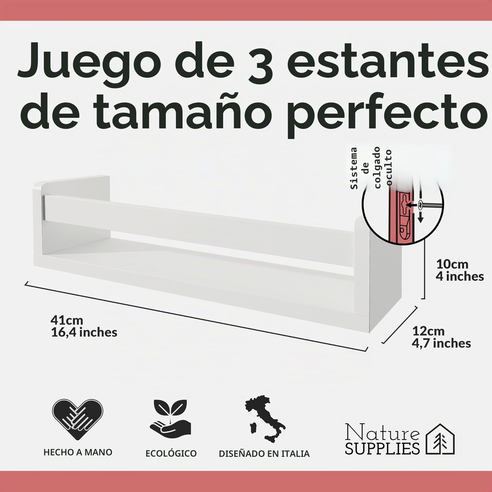 NATURE SUPPLIES - Juego de 3 estantes de Pared de Madera Maciza Blanca - Cuarto de bebé - Ideal para Libros y Juguetes