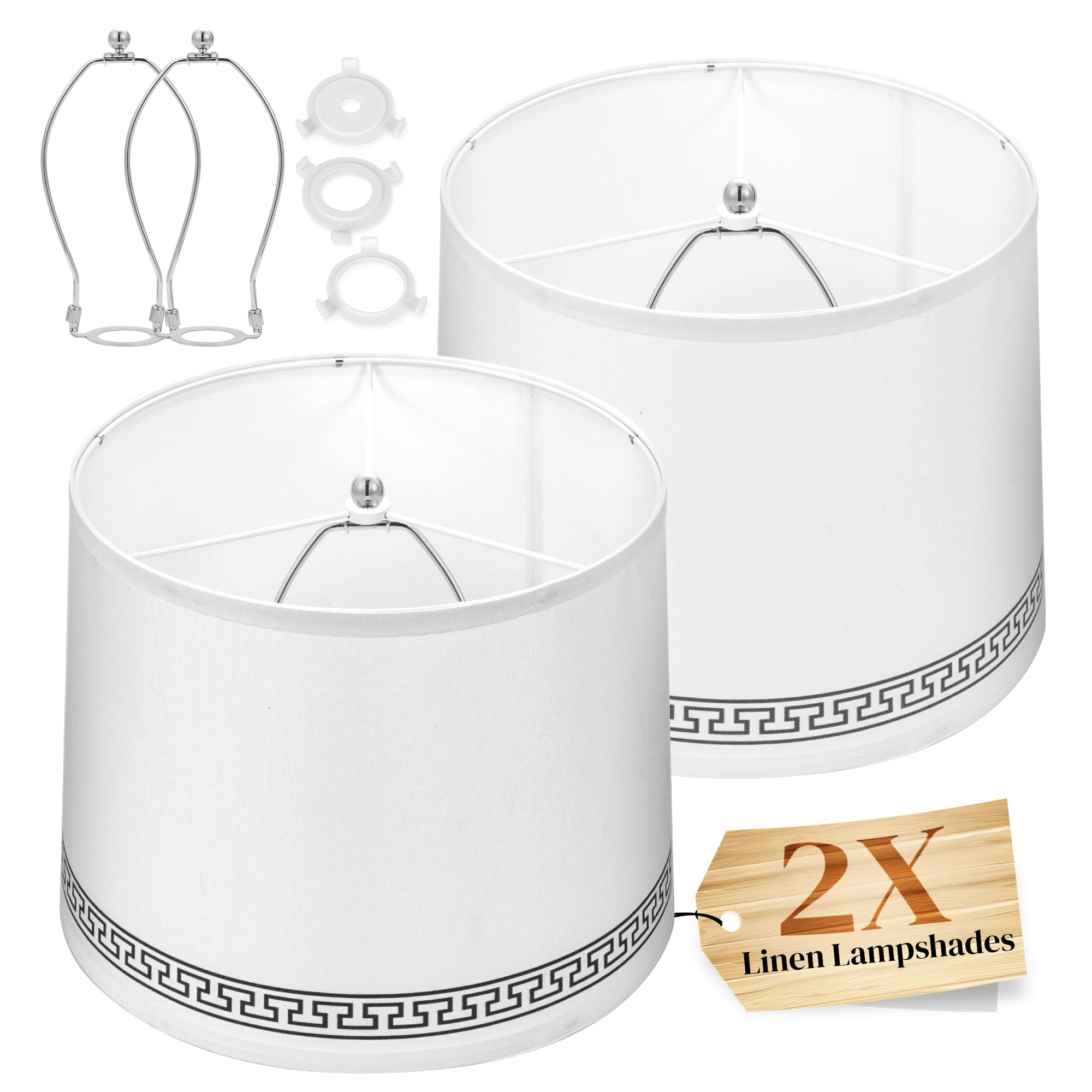 White Lamp Shades Set of 2 for Table Lamps11.6” Top x 12.6” Bottom x 9.8” Height, Medium Hand Crafted Linen Fabric with Classic Printed Border, Universal Fit with Spider Fitter, Easy Assembly Required