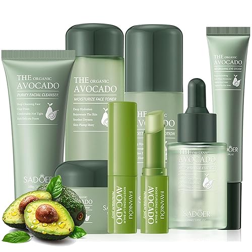 Kit de cuidado de la piel de aguacate, set de regalo para el cuidado de la piel con limpiador facial, tónico, loción, suero facial, crema facial,