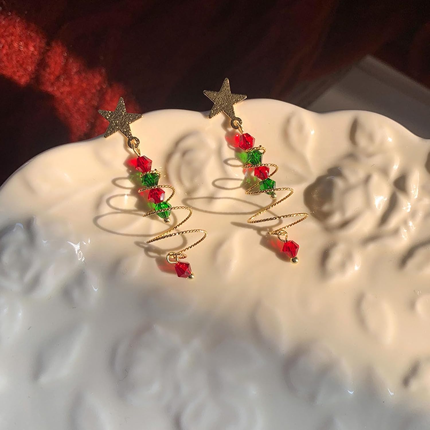 Christmas Tree Star Earrings for Women,Christmas Beaded Drop Dangle Earrings for Xmas Spiral Twist Earrings,Handmade Holiday Party Jewelry Gifts - Image 7