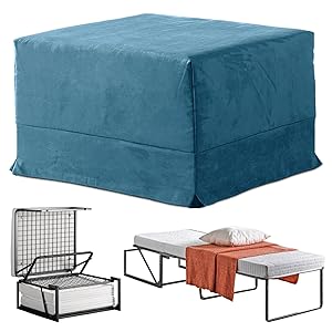 EVERGREENWEB - Puff Cama con Colchón de Waterfoam de 10 cm de Altura - Suite Ahorra Espacio Plegable para Dormitorio y Sala, Otomana Reposapiés, Tela de Gamuza Color Azul Removible