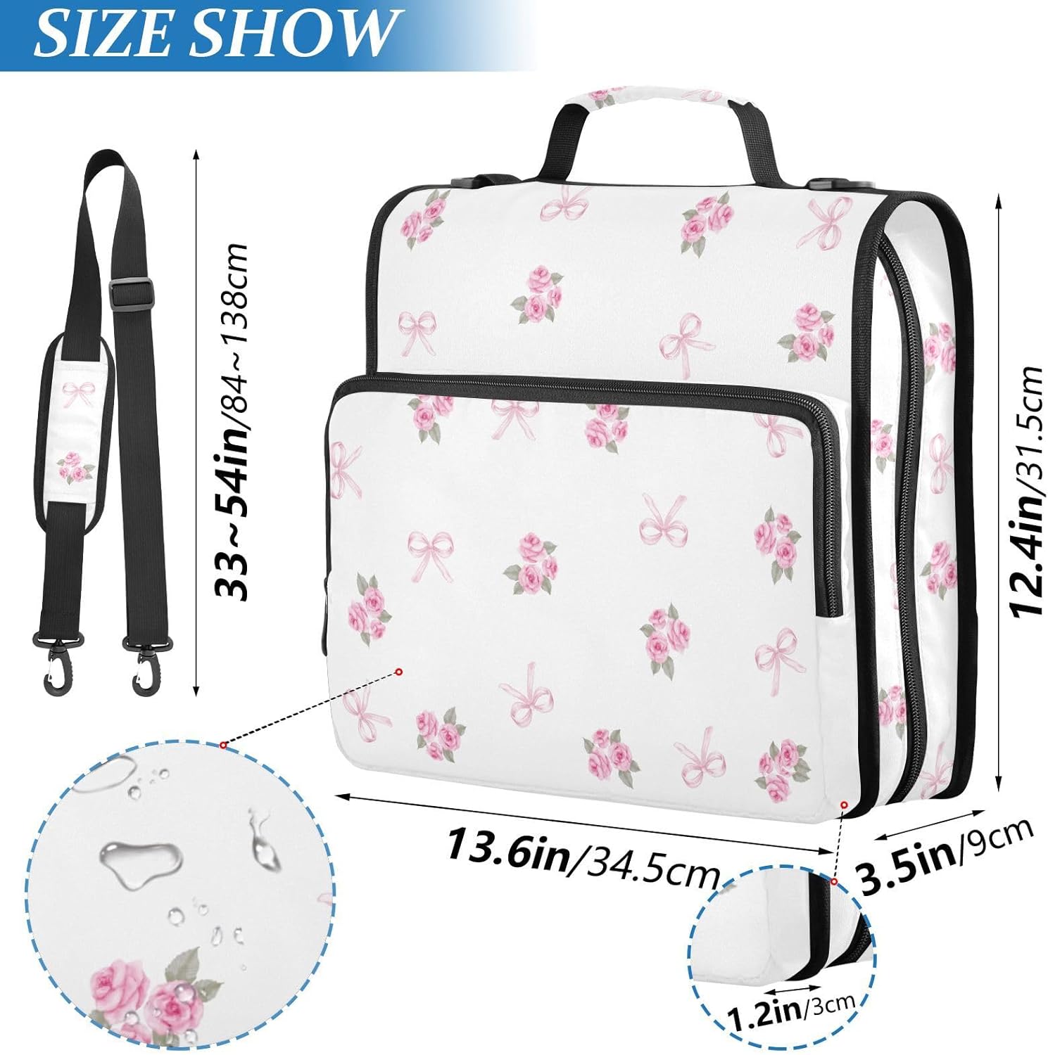 Pink Rose Ribbons Leaves Zipper Binder with Shoulder Strap Trapper Keeper 3 Ring Binder Organizer Large Capacity Multiple Compartments for School Office