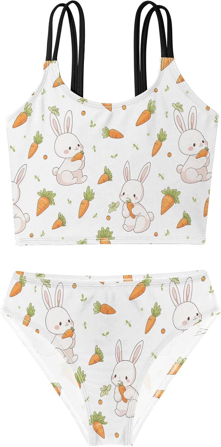 visesunny Girls Two Piece Swimsuits Cute Orange Carrot Rabbit Girl's Bikini Sets Bathing Suits for Girls Size 5-12Y