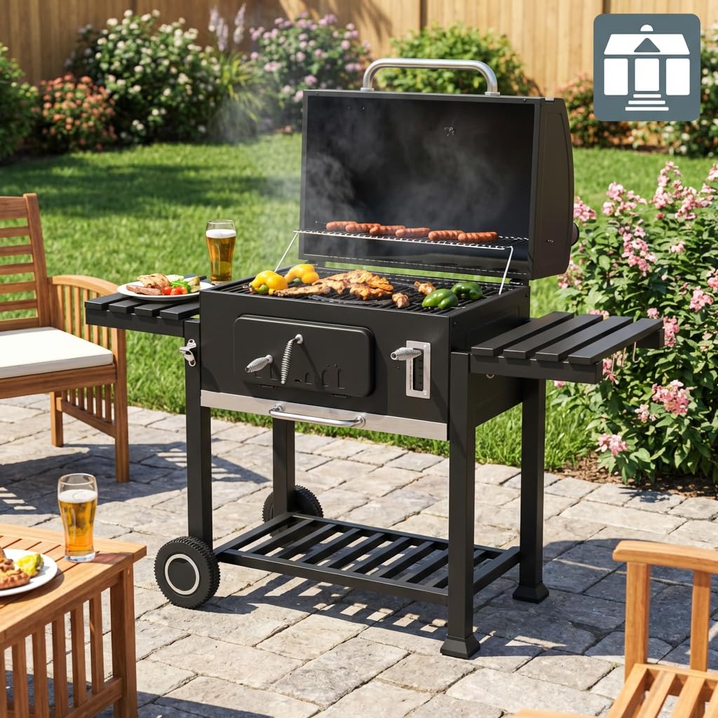 Tarrington House Holzkohlegrill Memphis XL, Ablagetische, Deckel mit Thermometer, fahrbar, Stahl, schwarz