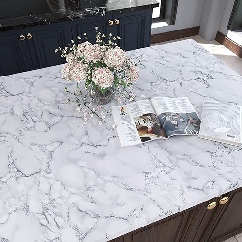 Miniatura 8 de Papel de contacto de mármol blanco marrón de 35.4 x 197 pulgadas, papel tapiz de mármol brillante para despegar y pegar, papel de pared de vinilo