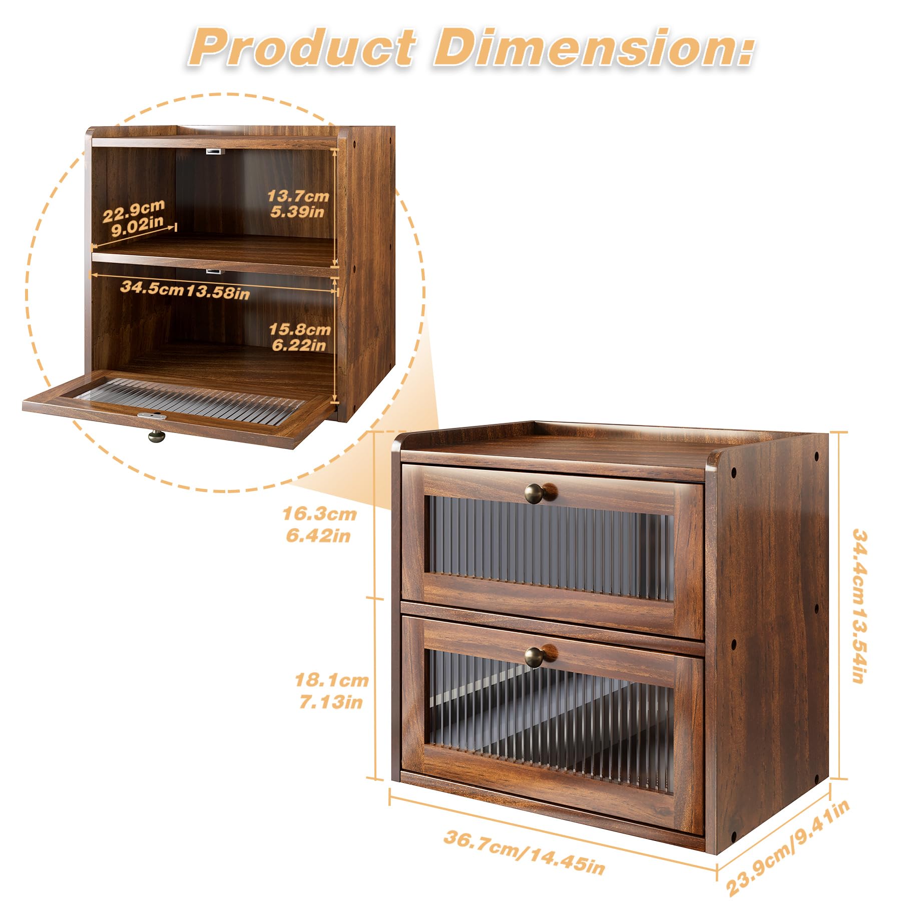 Alpeir Panera grande de doble capa para encimera de cocina, contenedor de almacenamiento de pan de esquina de madera con ventana acrílica, marrón retro