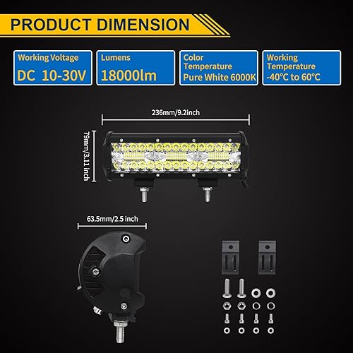 Miniatura 5 de RIGIDON - Barra de luz LED de 9 pulgadas de 180 W, triple fila de punto de inundación combinada de 18,000 lúmenes, barra impermeable para conducir