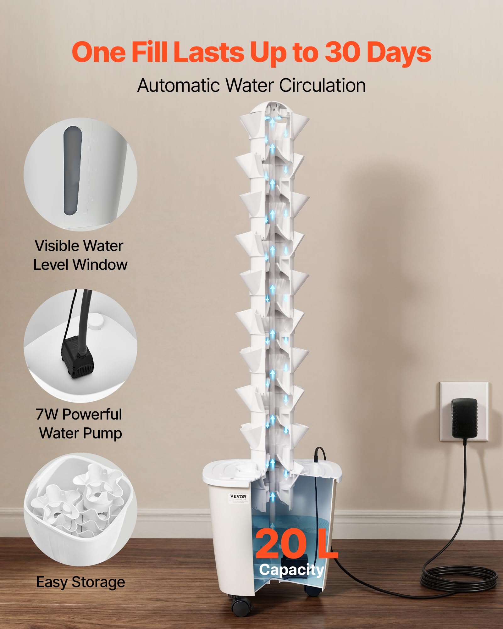VEVOR Kit de Cultivo Hidropónico, Sistema de Torre Hidropónica, 10 Niveles y 50 Agujeros, con Ruedas Bomba de Agua y Depósito de 20 Litros, Control Inteligente, Torre de Plantación para Hierbas Frutas