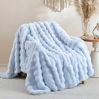 Smoofy Faux Fur Throw Blanket for Couch Rabbit Fleece - Light Blue Fluff...