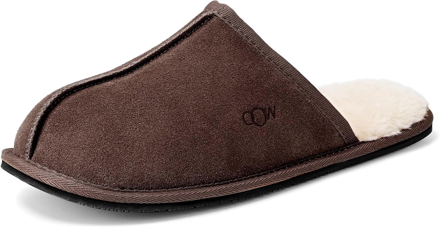 OOW Mens Slippers Genuine Suede House Slippers for Men Cozy Fuzzy Memory Foam Shoes Outdoor Non-Slip Fall Winter Footwear