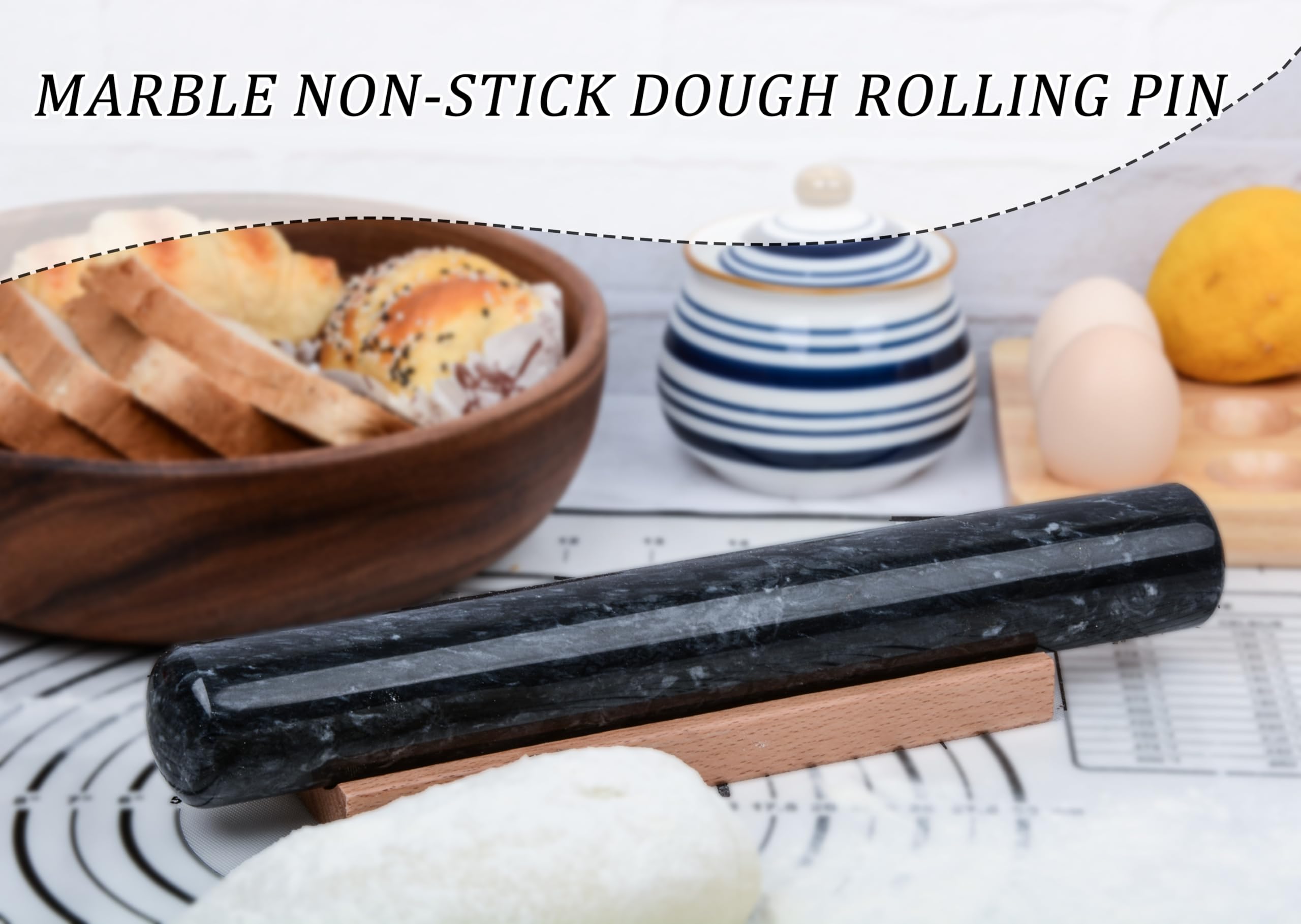 Teigroller aus Marmor mit Holzhalterung, Antihaft-Teigstift für Brot, Pizzateig, Kruste, Gebäck, Kekse (Schwarz, 11,8 Zoll)