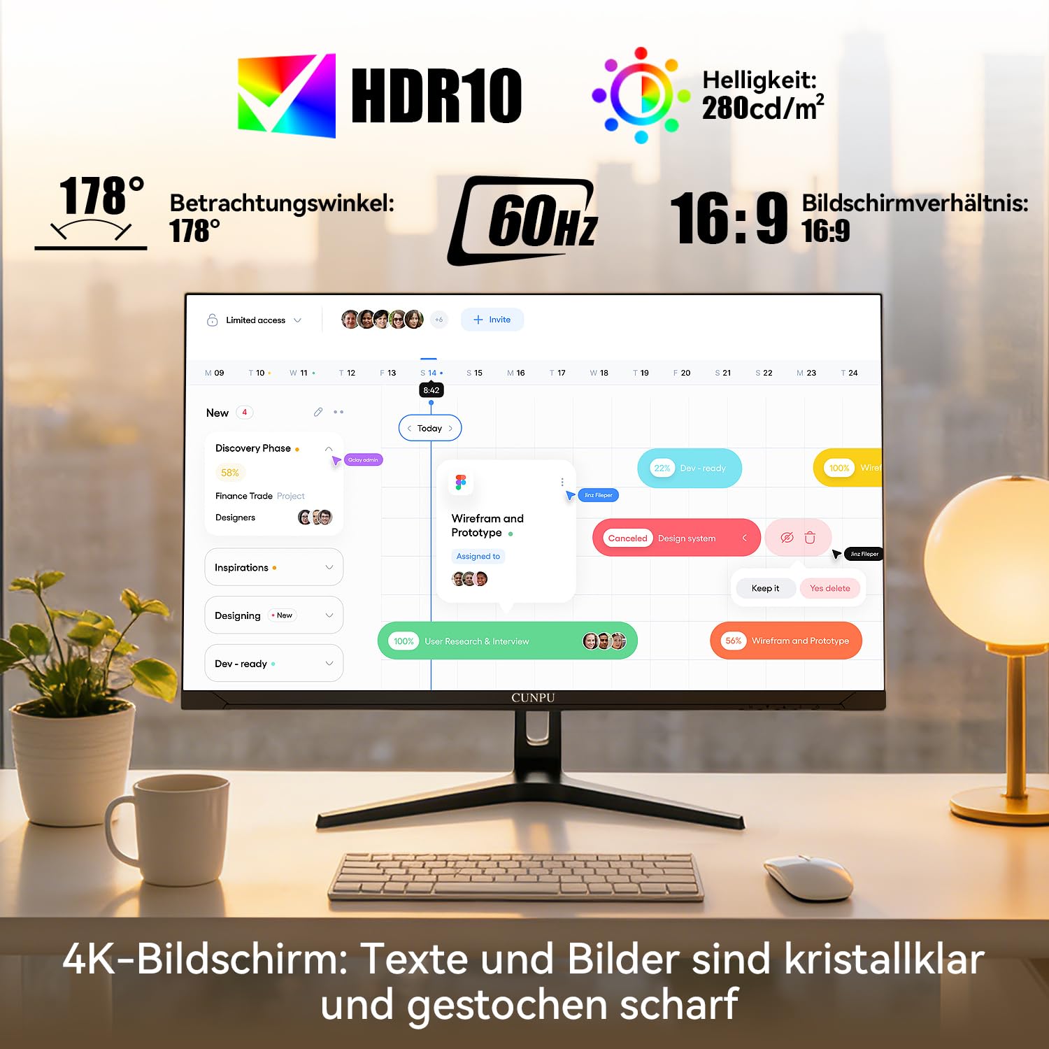 CUNPU 4K Monitor 32 Zoll, 1,07 Mrd. Farben, 100% sRGB, 95% DCI-P3&AdobeRGB, VA, Augenschonend, VESA(75X75mm), HDR, HDMI*2 DP*2, Für professionelles Arbeiten, Design & Content